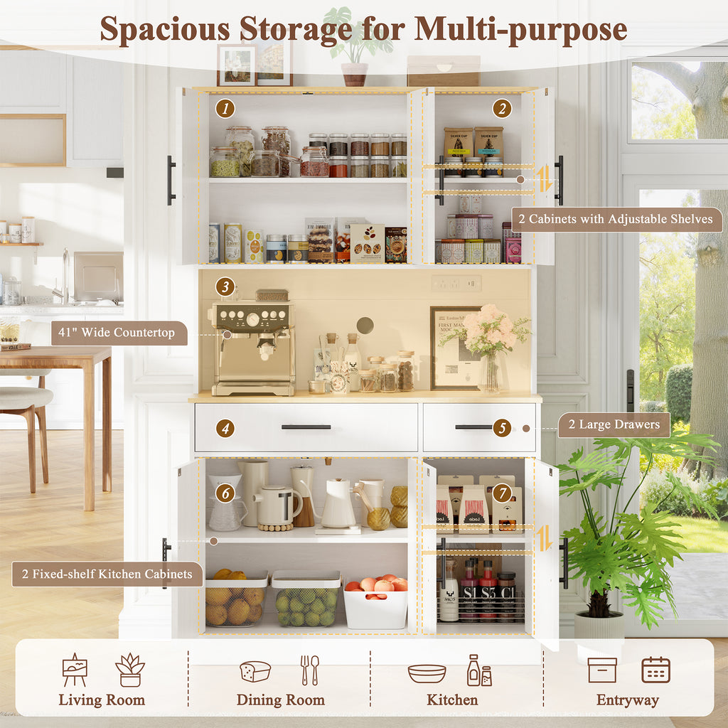 Vongrasig Farmhouse Pantry Cabinet with Charging Station, Tall Kitchen Pantry with Microwave Stand, Storage Drawers & Shelves, Large Kitchen Hutch for Living Room, Dining Room