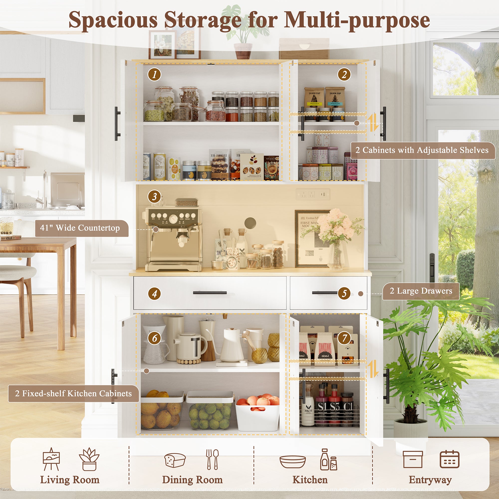 Vongrasig Farmhouse Pantry Cabinet with Charging Station, Tall Kitchen Pantry with Microwave Stand, Storage Drawers & Shelves, Large Kitchen Hutch for Living Room, Dining Room