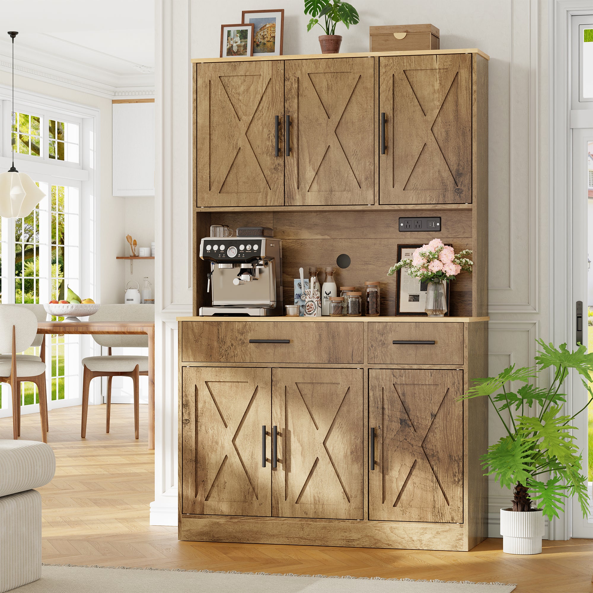 Vongrasig Farmhouse Pantry Cabinet with Charging Station, Tall Kitchen Pantry with Microwave Stand, Storage Drawers & Shelves, Large Kitchen Hutch for Living Room, Dining Room
