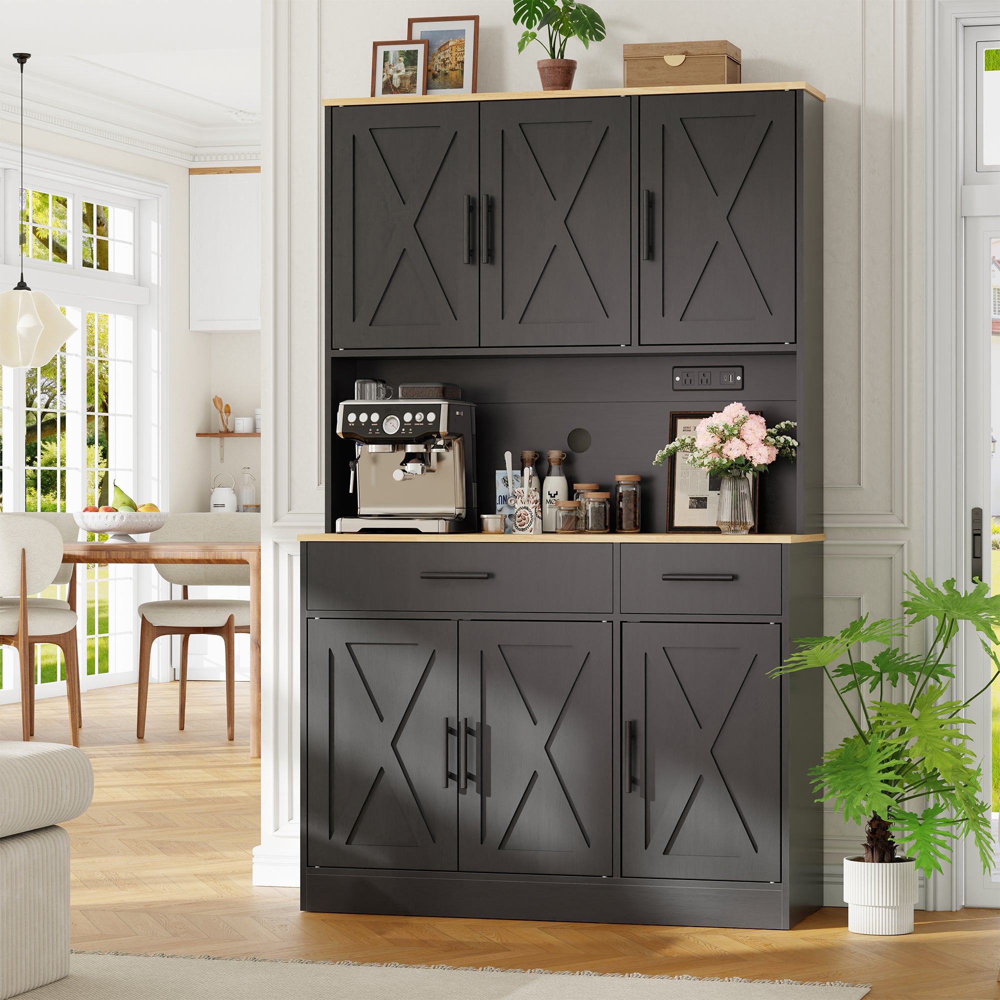 Vongrasig Farmhouse Pantry Cabinet with Charging Station, Tall Kitchen Pantry with Microwave Stand, Storage Drawers & Shelves, Large Kitchen Hutch for Living Room, Dining Room