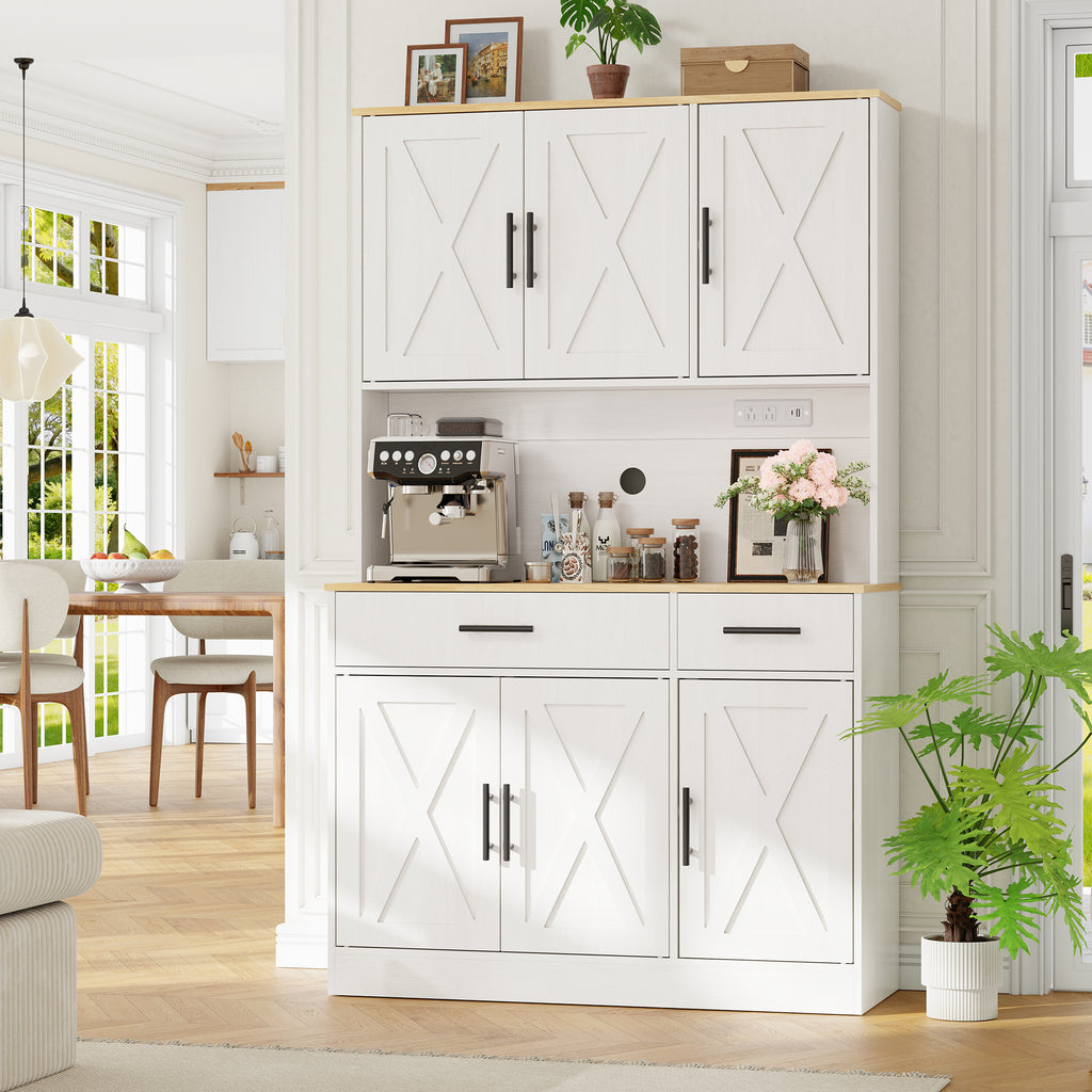 Vongrasig Farmhouse Pantry Cabinet with Charging Station, Tall Kitchen Pantry with Microwave Stand, Storage Drawers & Shelves, Large Kitchen Hutch for Living Room, Dining Room