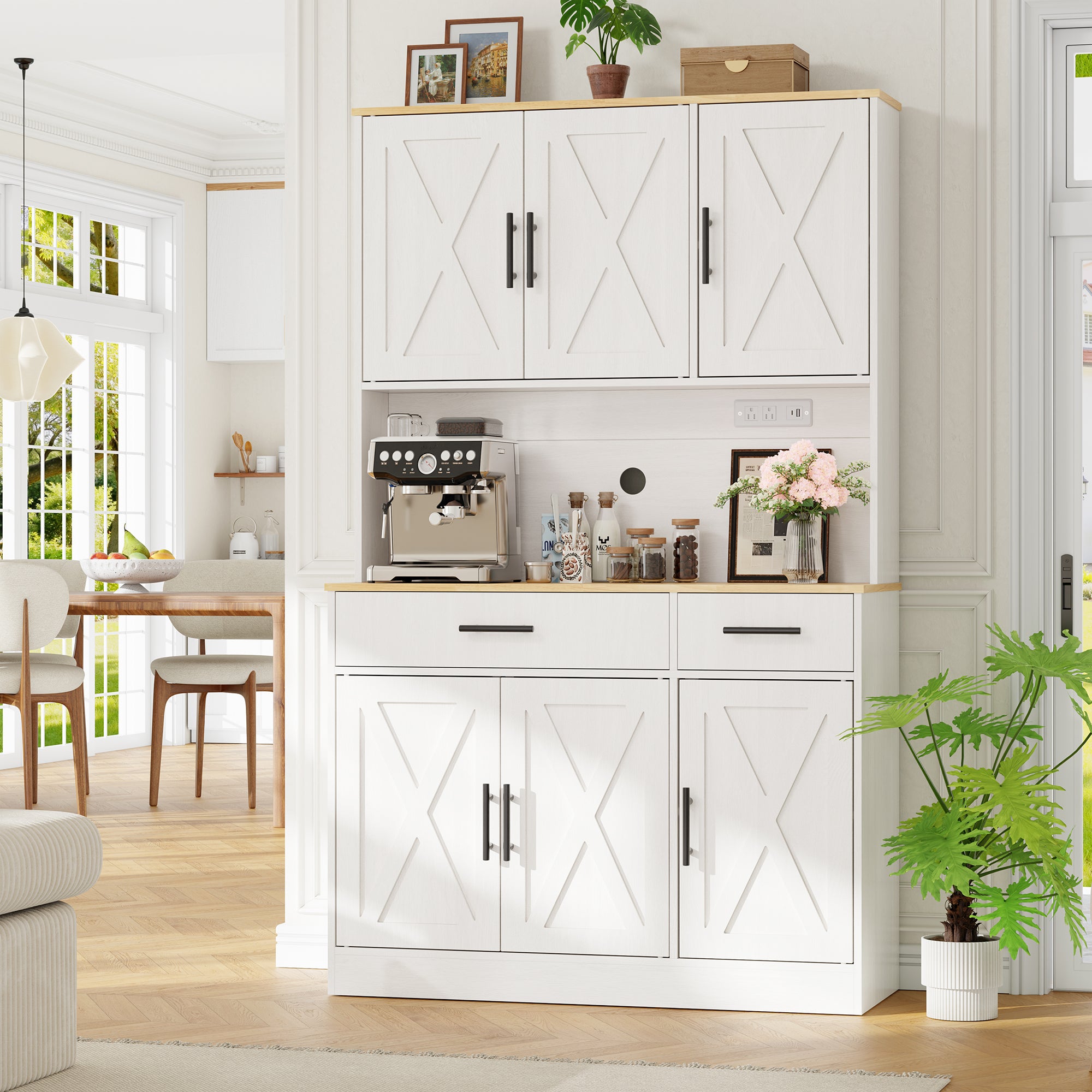 Vongrasig Farmhouse Pantry Cabinet with Charging Station, Tall Kitchen Pantry with Microwave Stand, Storage Drawers & Shelves, Large Kitchen Hutch for Living Room, Dining Room