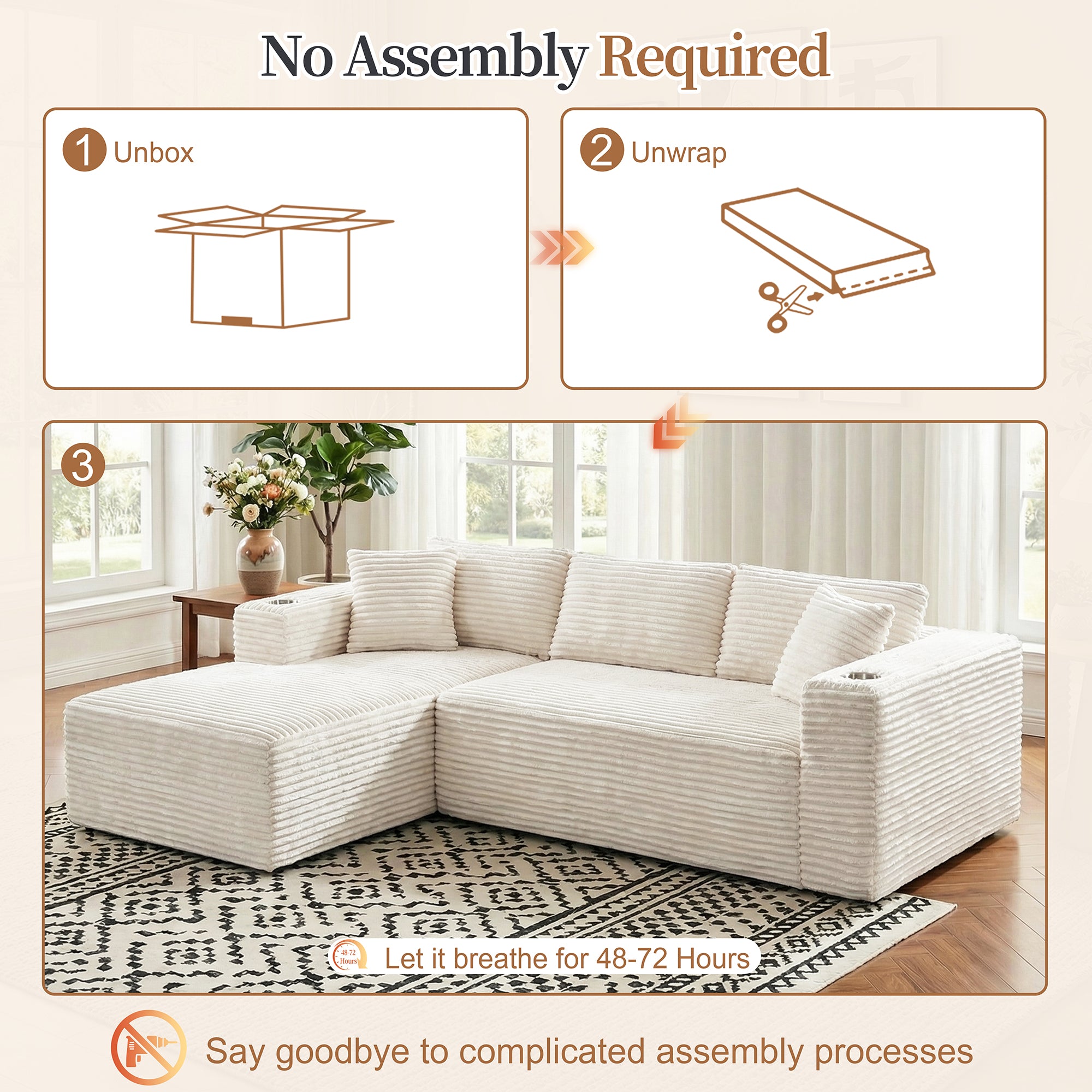 Vongrasig 103" Boneless Sectional Couches for Living Room, L-Shaped Chaise Modular Cloud Couch with Cup Holders on Armrests, Plush Corduroy Comfy Sofa with Memory Foam, No Assembly Required