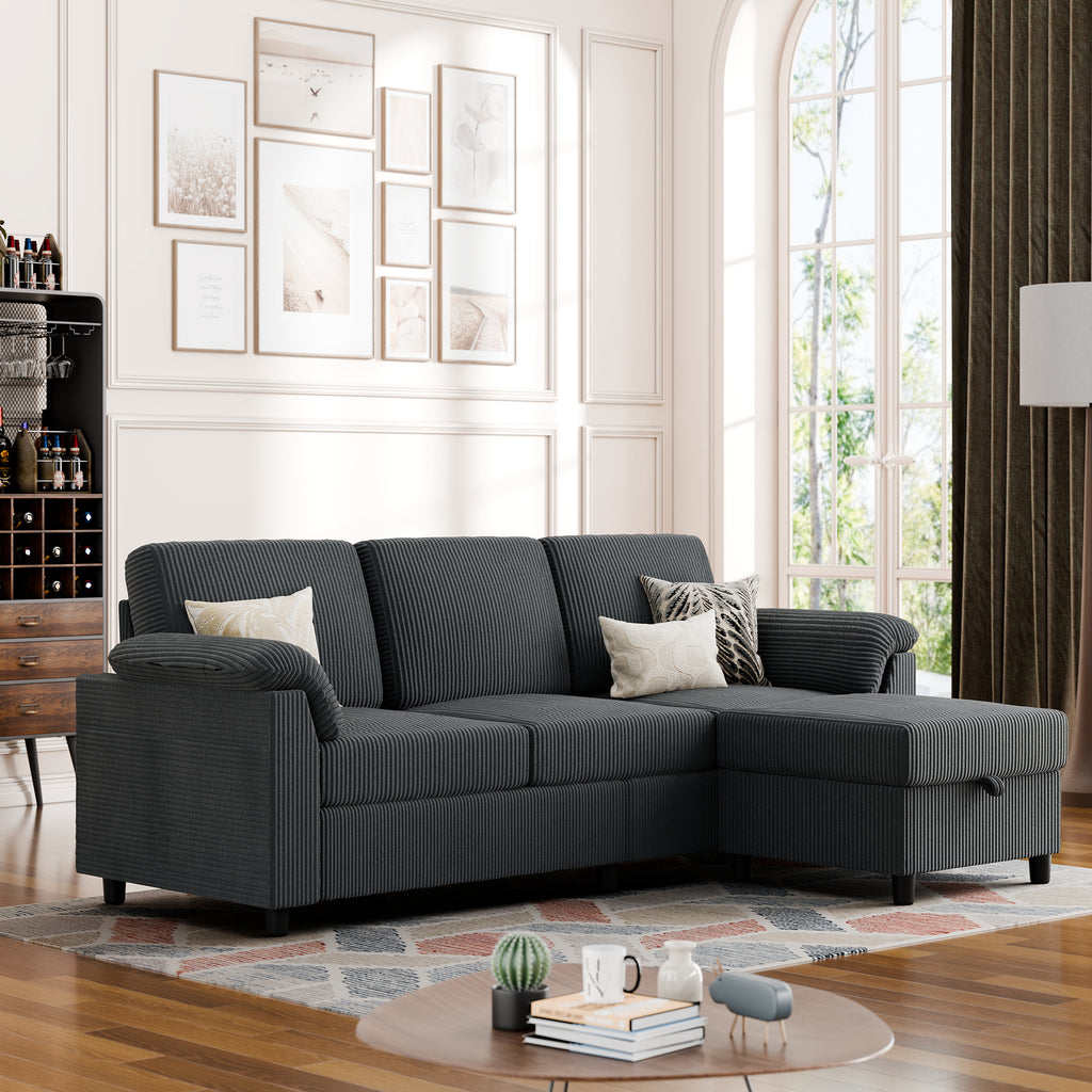 Vongrasig Convertible Sectional Sofa Couch, 3 Seat L Shaped Sofa with Removable Pillows Soft Corduroy Fabric Small Couch Mid Century for Living Room, Apartment and Office, Dark Grey