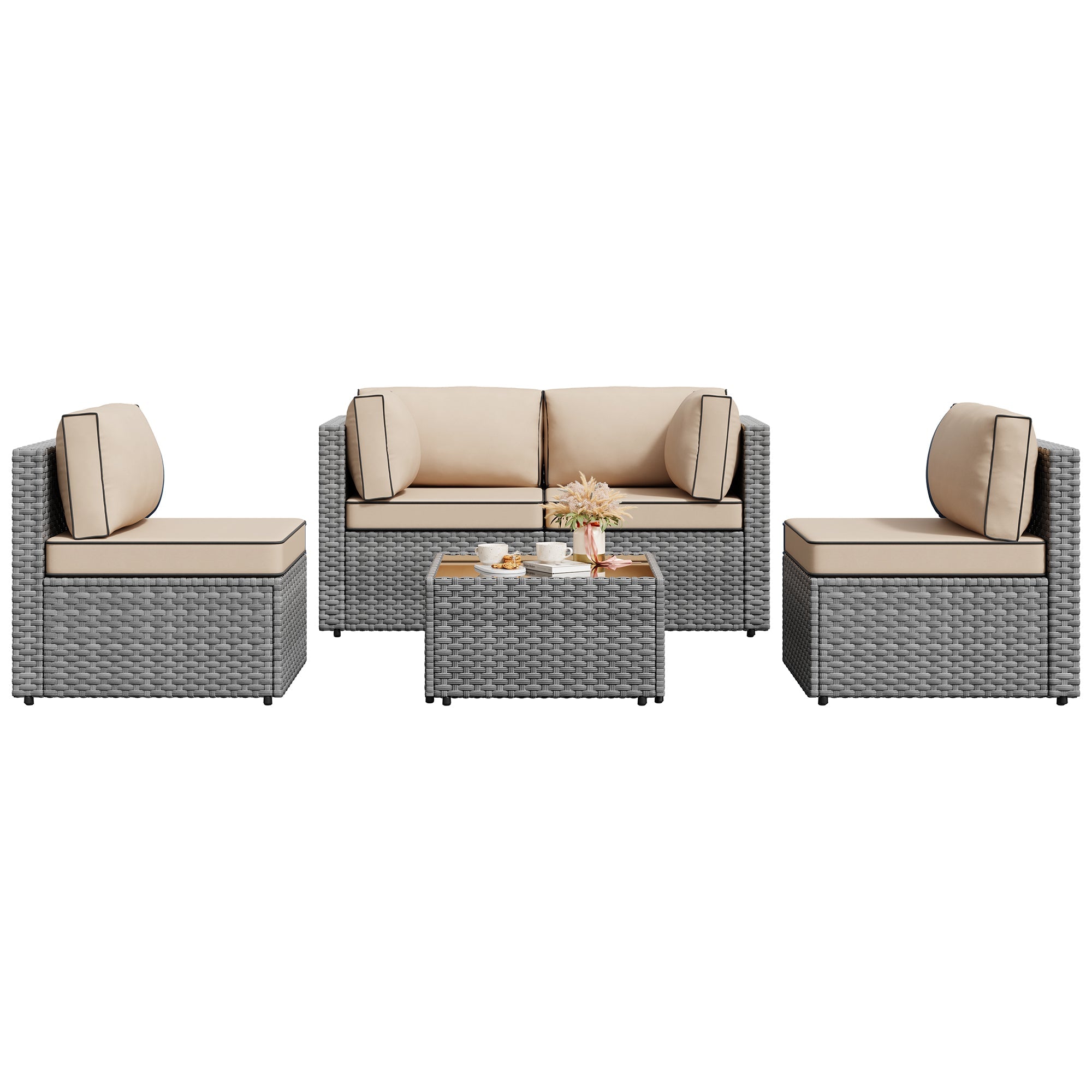 Vongrasig Patio Furniture 5 Pieces Outdoor Sectional Sofas, Sliver Wicker