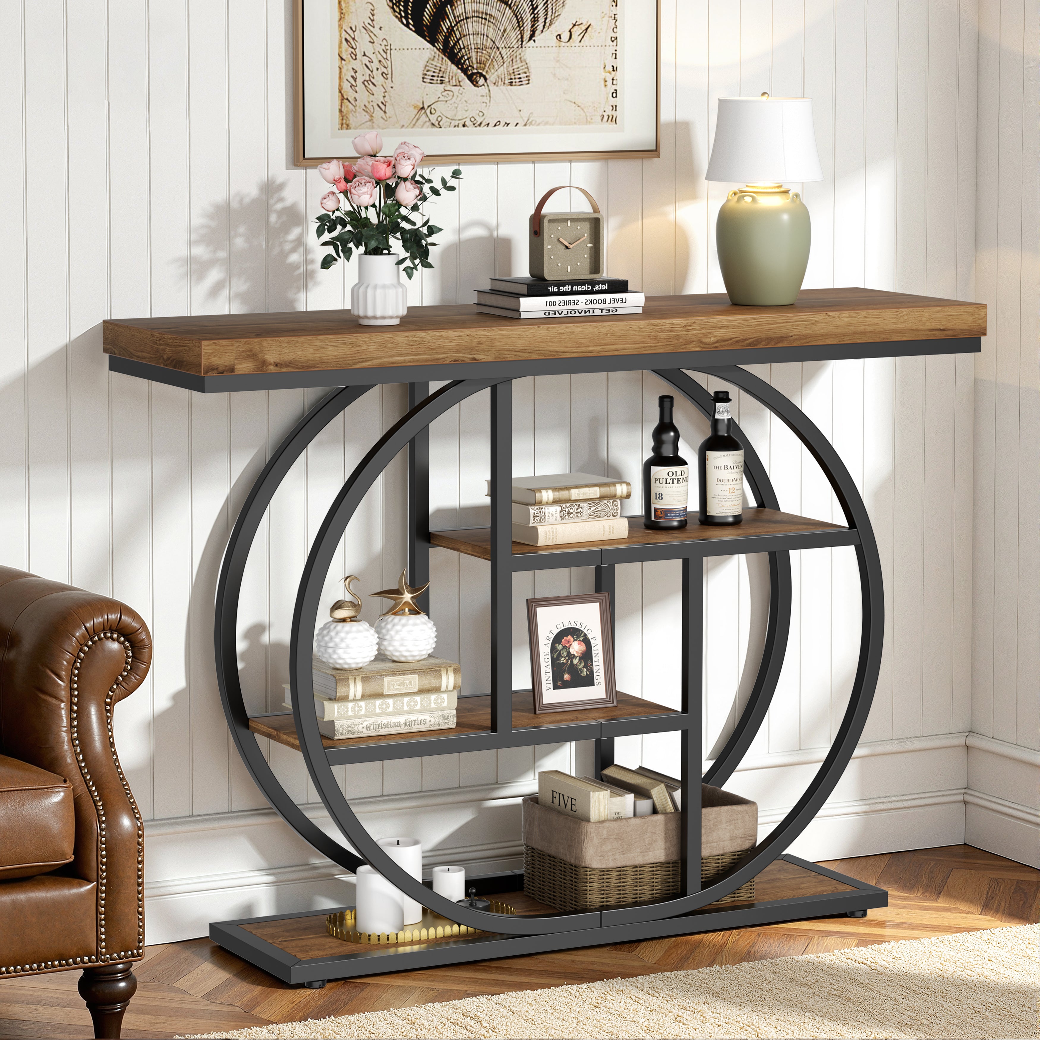Vongrasig Console Table with Circle Base, Industrial Narrow Entryway Table with Storage, 4-Tier Wood Sofa Table for Living Room, Hallway