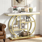 Vongrasig Console Table with Circle Base, Industrial Narrow Entryway Table with Storage, 4-Tier Wood Sofa Table for Living Room, Hallway