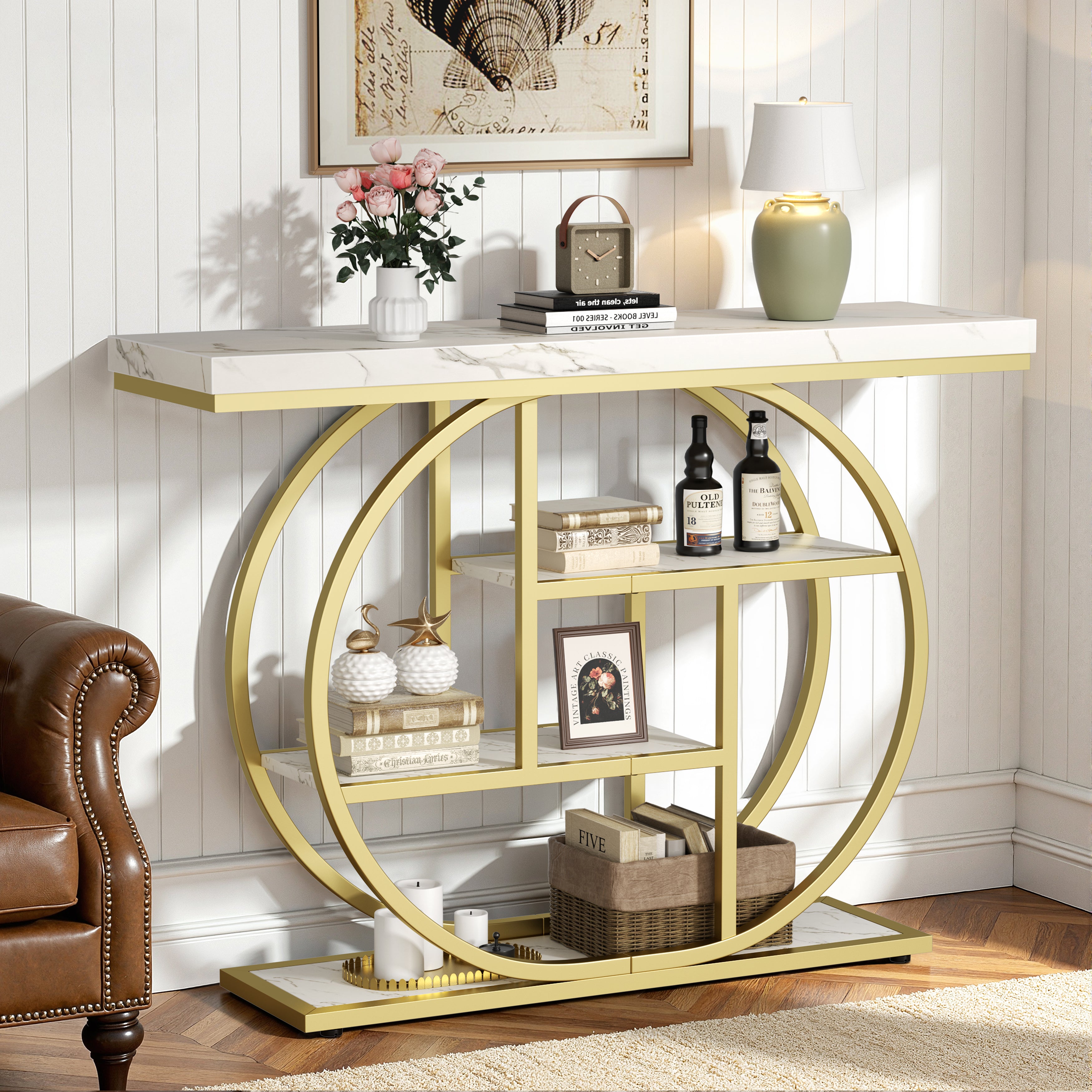 Vongrasig Console Table with Circle Base, Industrial Narrow Entryway Table with Storage, 4-Tier Wood Sofa Table for Living Room, Hallway