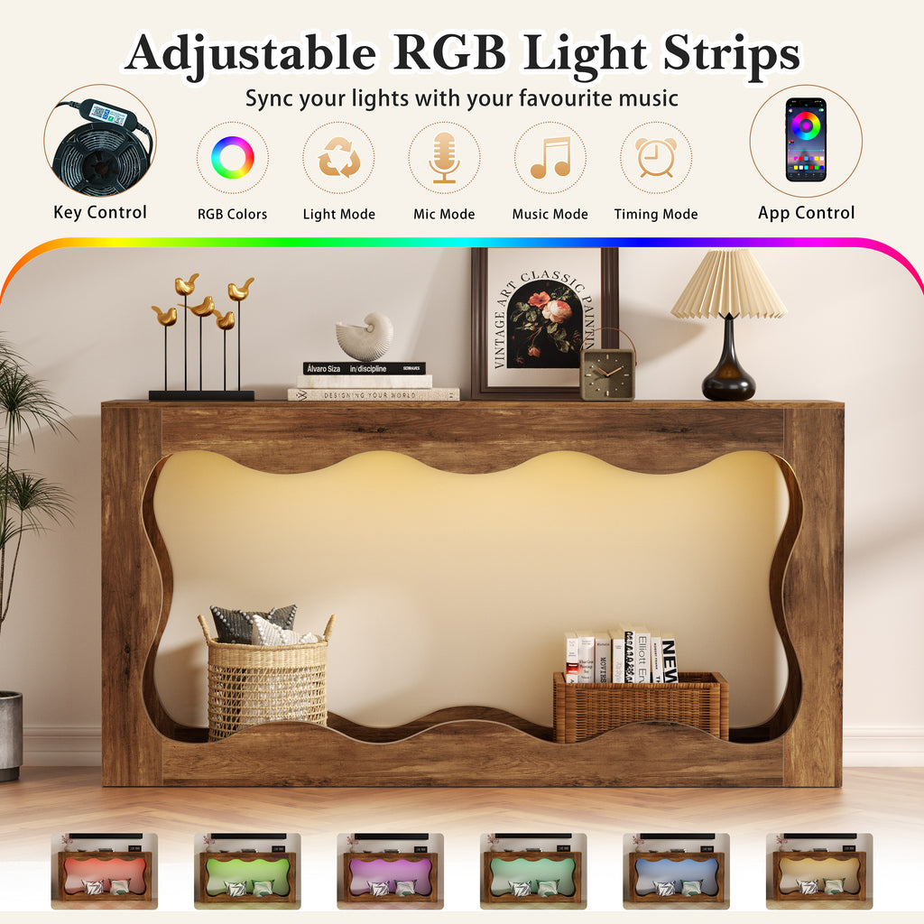 Vongrasig 63-Inch Farmhouse Entryway Table with Light Strips, Scalloped Console Table with Built-in Storage, Narrow Long Behind Couch, Wooden Curvilinear Sofa Table for Entrance, Hallway