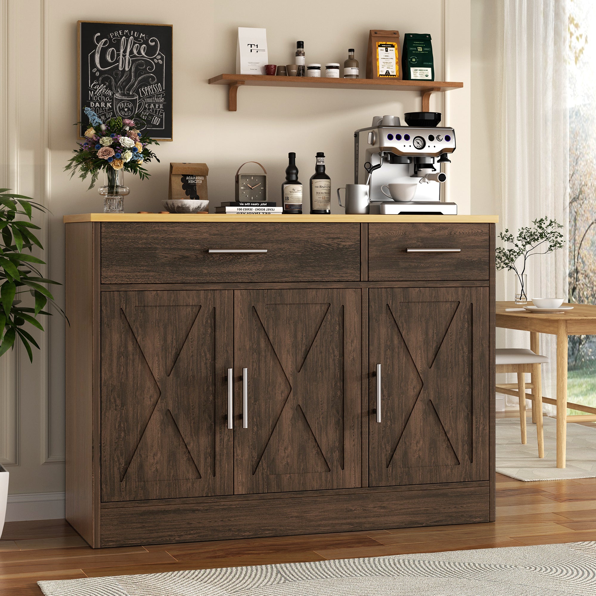 Vongrasig 43” Coffee Bar Cabinet, Farmhouse Buffet Cabinet with Storage, Sideboard Buffet with Drawers and Shelves for Kitchen