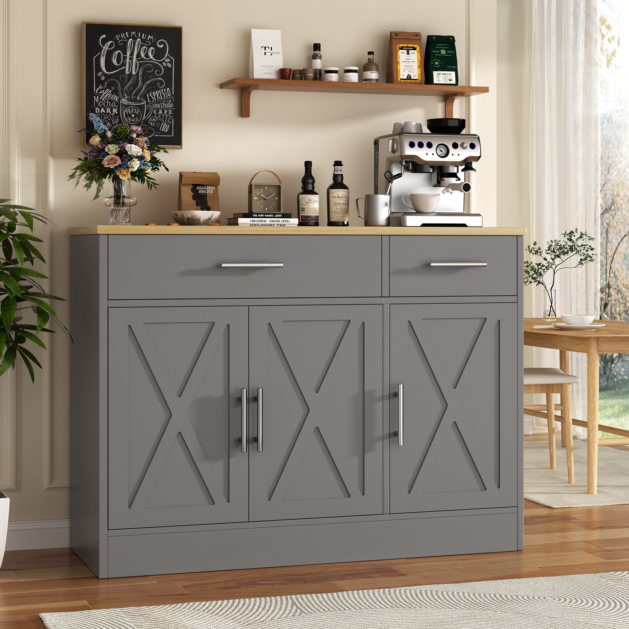 Vongrasig 43” Coffee Bar Cabinet, Farmhouse Buffet Cabinet with Storage, Sideboard Buffet with Drawers and Shelves for Kitchen