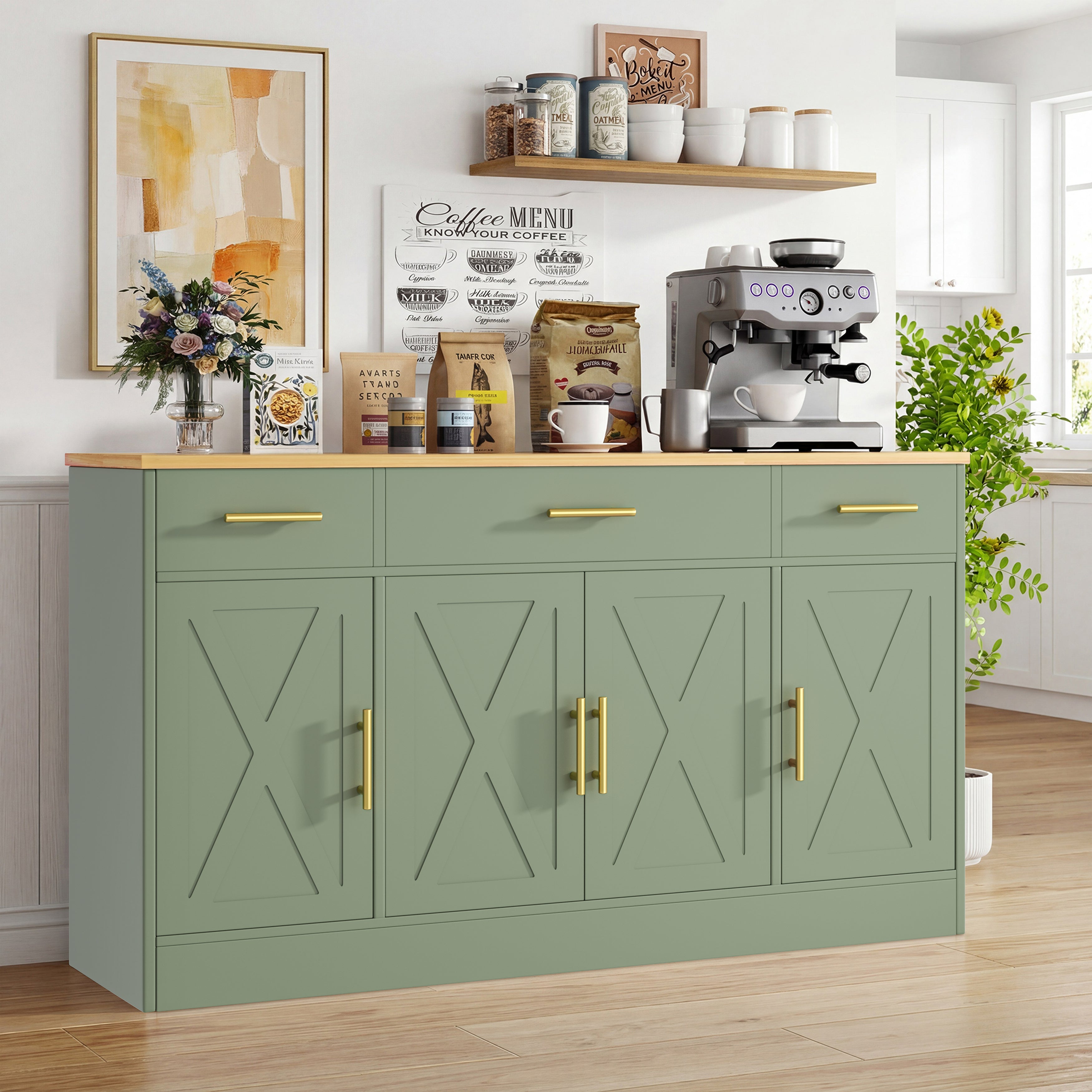 Vongrasig Buffet Cabinet with Storage, Farmhouse Coffee Bar Cabinet with Drawers, 53” Large Modern Sideboard Buffet with Adjustable Shelves for Kitchen, Dining Room