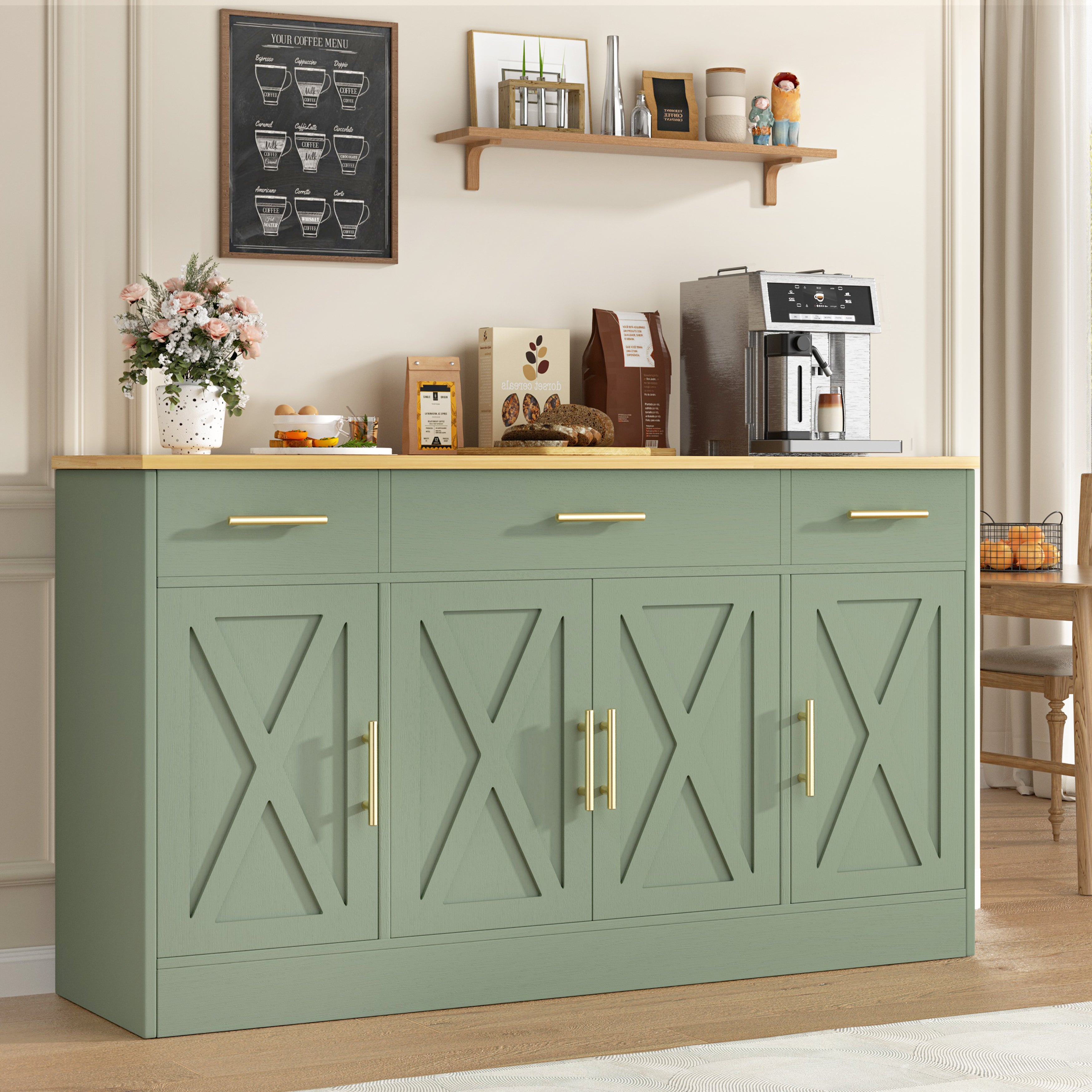 Vongrasig Buffet Cabinet with Storage, Farmhouse Coffee Bar Cabinet with Drawers, 53” Large Modern Sideboard Buffet with Adjustable Shelves for Kitchen, Dining Room