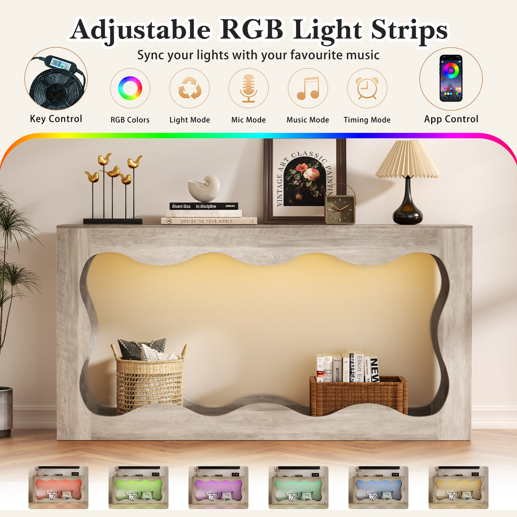 Vongrasig 63-Inch Farmhouse Entryway Table with Light Strips, Scalloped Console Table with Built-in Storage, Narrow Long Behind Couch, Wooden Curvilinear Sofa Table for Entrance, Hallway