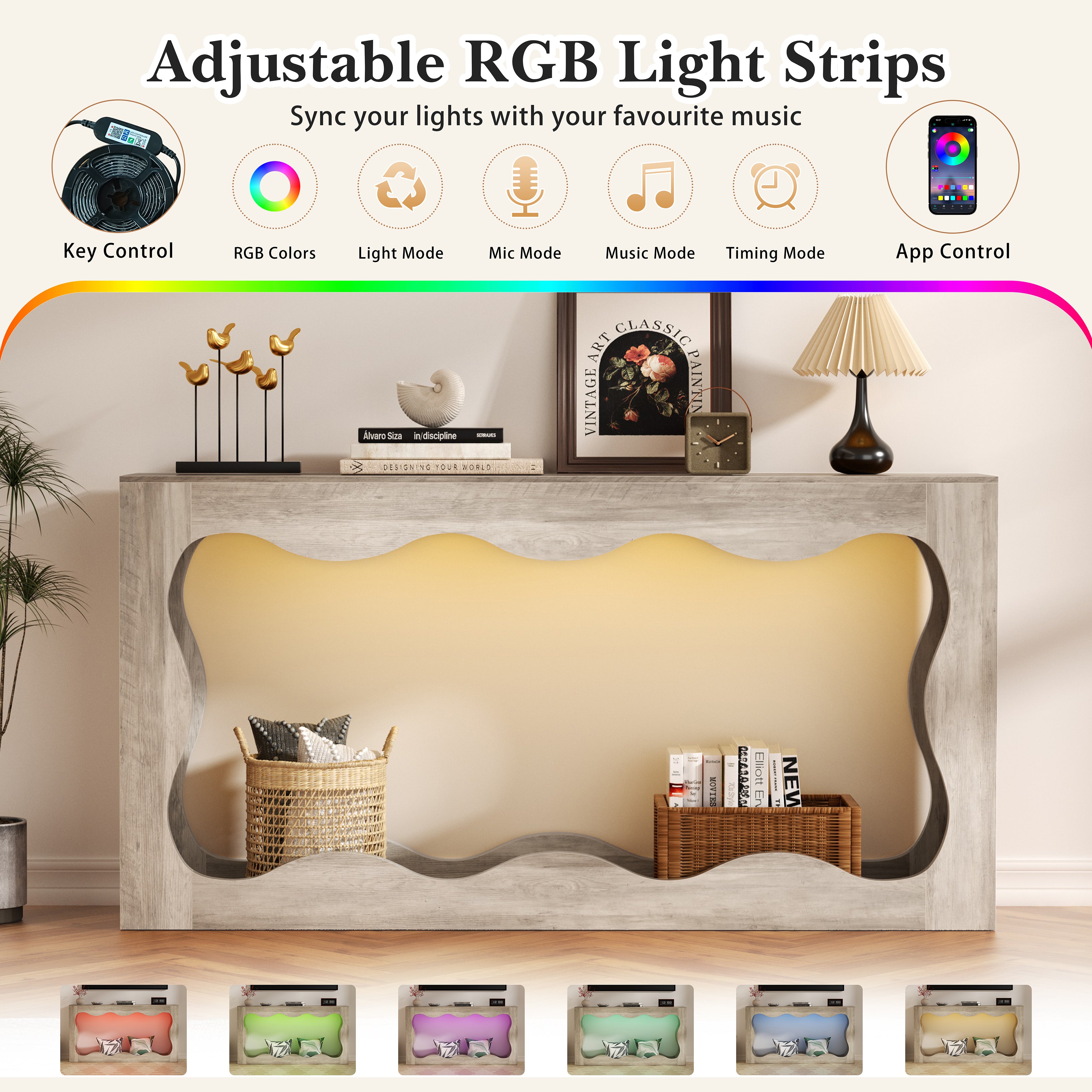 Vongrasig 63-Inch Farmhouse Entryway Table with Light Strips, Scalloped Console Table with Built-in Storage, Narrow Long Behind Couch, Wooden Curvilinear Sofa Table for Entrance, Hallway