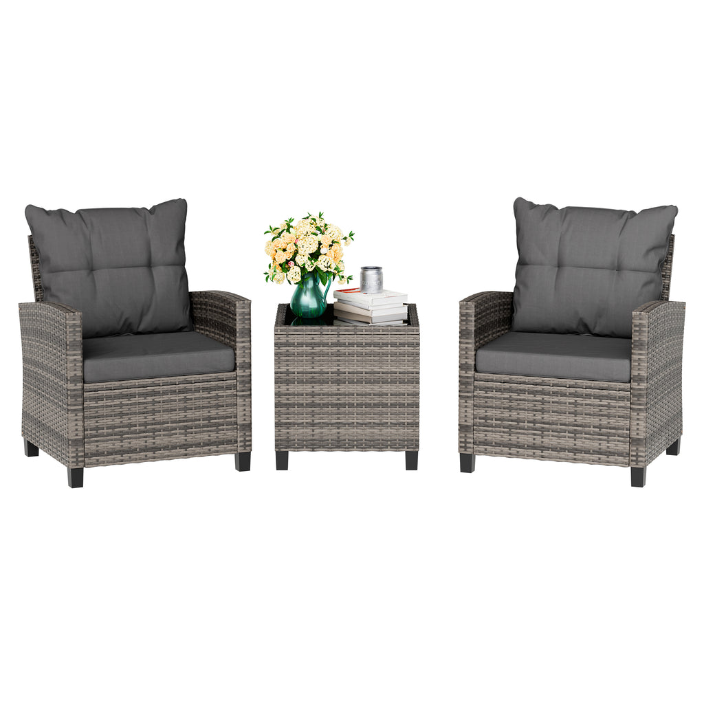 Vongrasig 3 Piece Patio Furniture Set Small Outdoor Wicker Rattan Front Porch Bistro Set Cushioned Patio Chairs Conversation Set with Glass Table for Lawn, Garden, Backyard, Balcony, Poolside