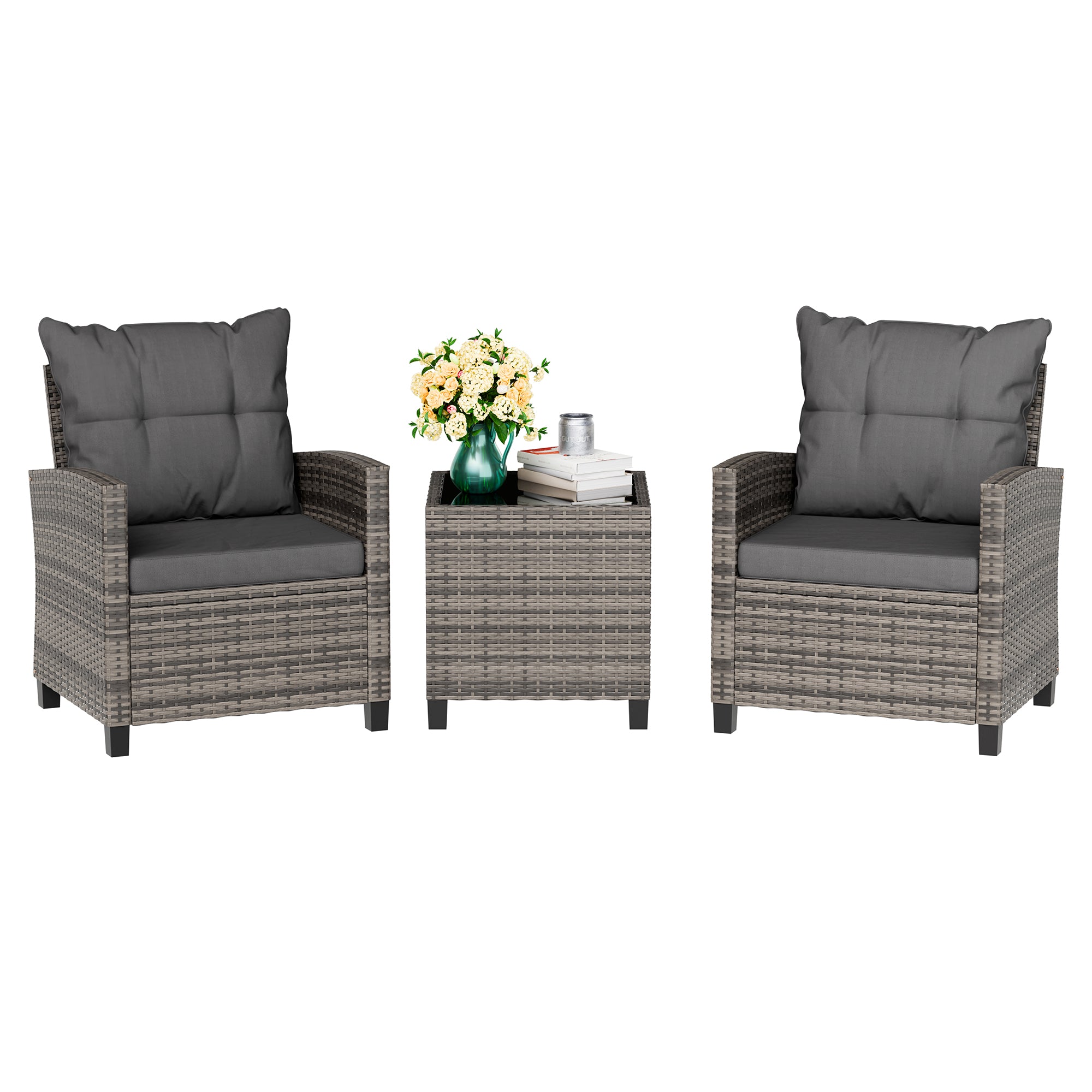 Vongrasig 3 Piece Patio Furniture Set Small Outdoor Wicker Rattan Front Porch Bistro Set Cushioned Patio Chairs Conversation Set with Glass Table for Lawn, Garden, Backyard, Balcony, Poolside