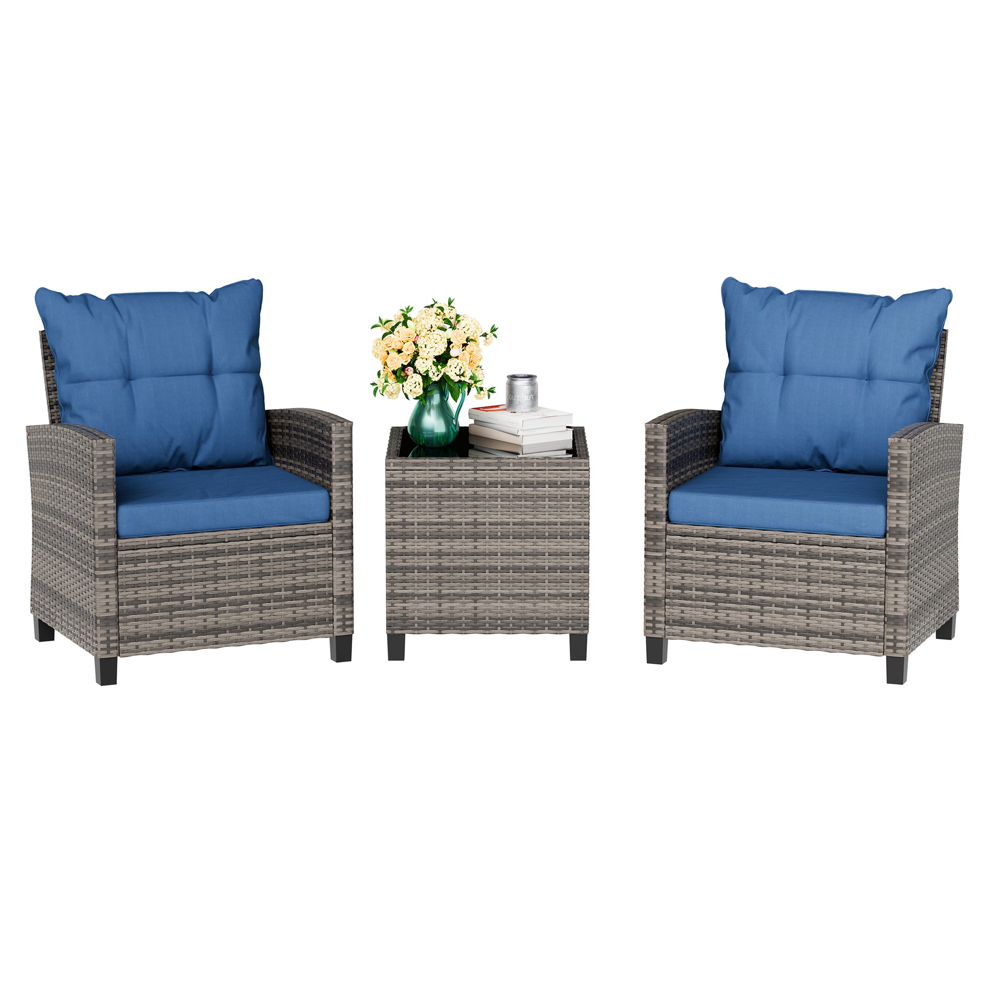 Vongrasig 3 Piece Patio Furniture Set Small Outdoor Wicker Rattan Front Porch Bistro Set Cushioned Patio Chairs Conversation Set with Glass Table for Lawn, Garden, Backyard, Balcony, Poolside