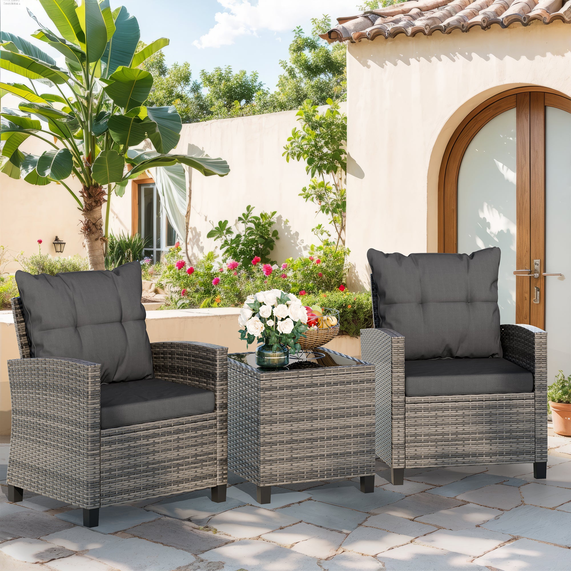 Vongrasig 3 Piece Patio Furniture Set Small Outdoor Wicker Rattan Front Porch Bistro Set Cushioned Patio Chairs Conversation Set with Glass Table for Lawn, Garden, Backyard, Balcony, Poolside