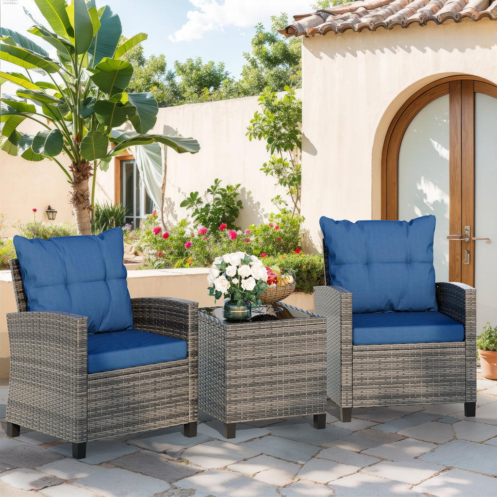Vongrasig 3 Piece Patio Furniture Set Small Outdoor Wicker Rattan Front Porch Bistro Set Cushioned Patio Chairs Conversation Set with Glass Table for Lawn, Garden, Backyard, Balcony, Poolside