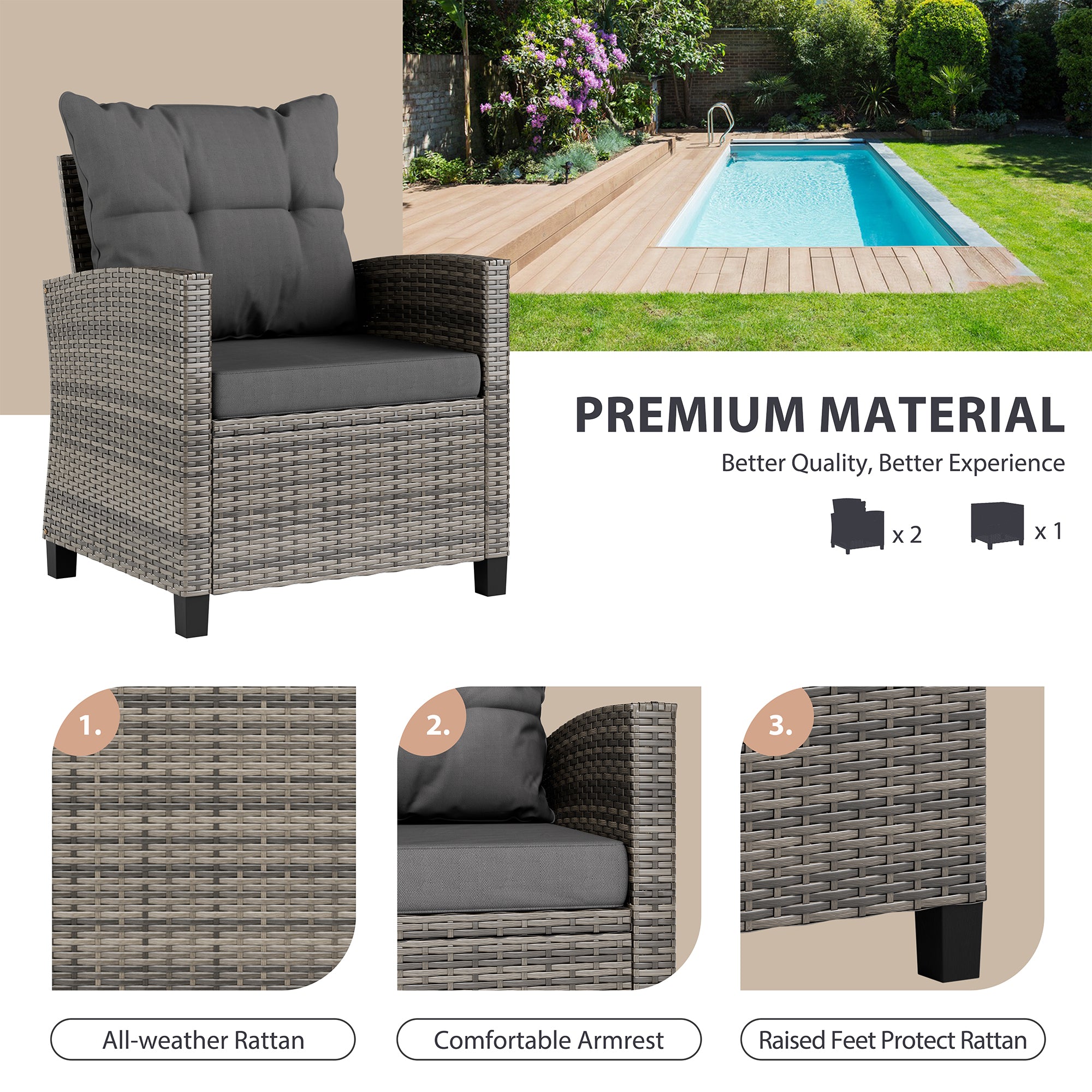 Vongrasig 3 Piece Patio Furniture Set Small Outdoor Wicker Rattan Front Porch Bistro Set Cushioned Patio Chairs Conversation Set with Glass Table for Lawn, Garden, Backyard, Balcony, Poolside