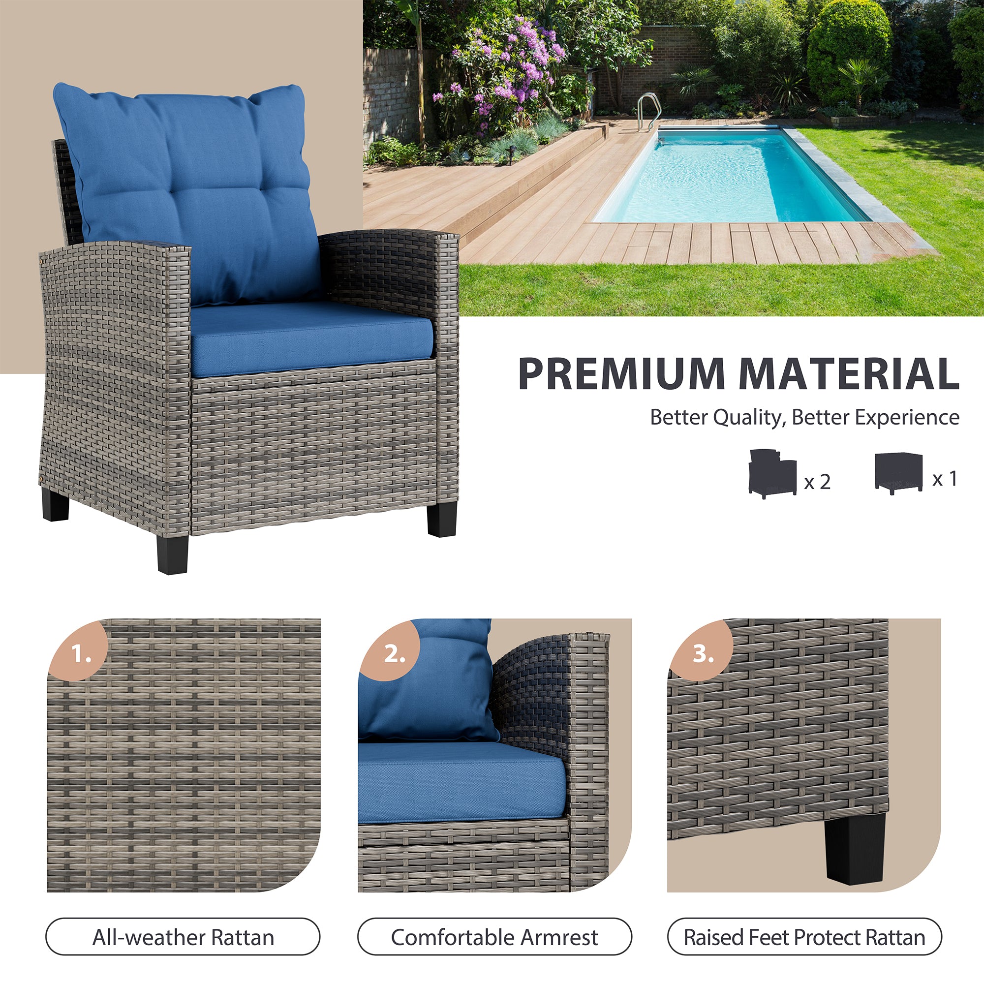 Vongrasig 3 Piece Patio Furniture Set Small Outdoor Wicker Rattan Front Porch Bistro Set Cushioned Patio Chairs Conversation Set with Glass Table for Lawn, Garden, Backyard, Balcony, Poolside