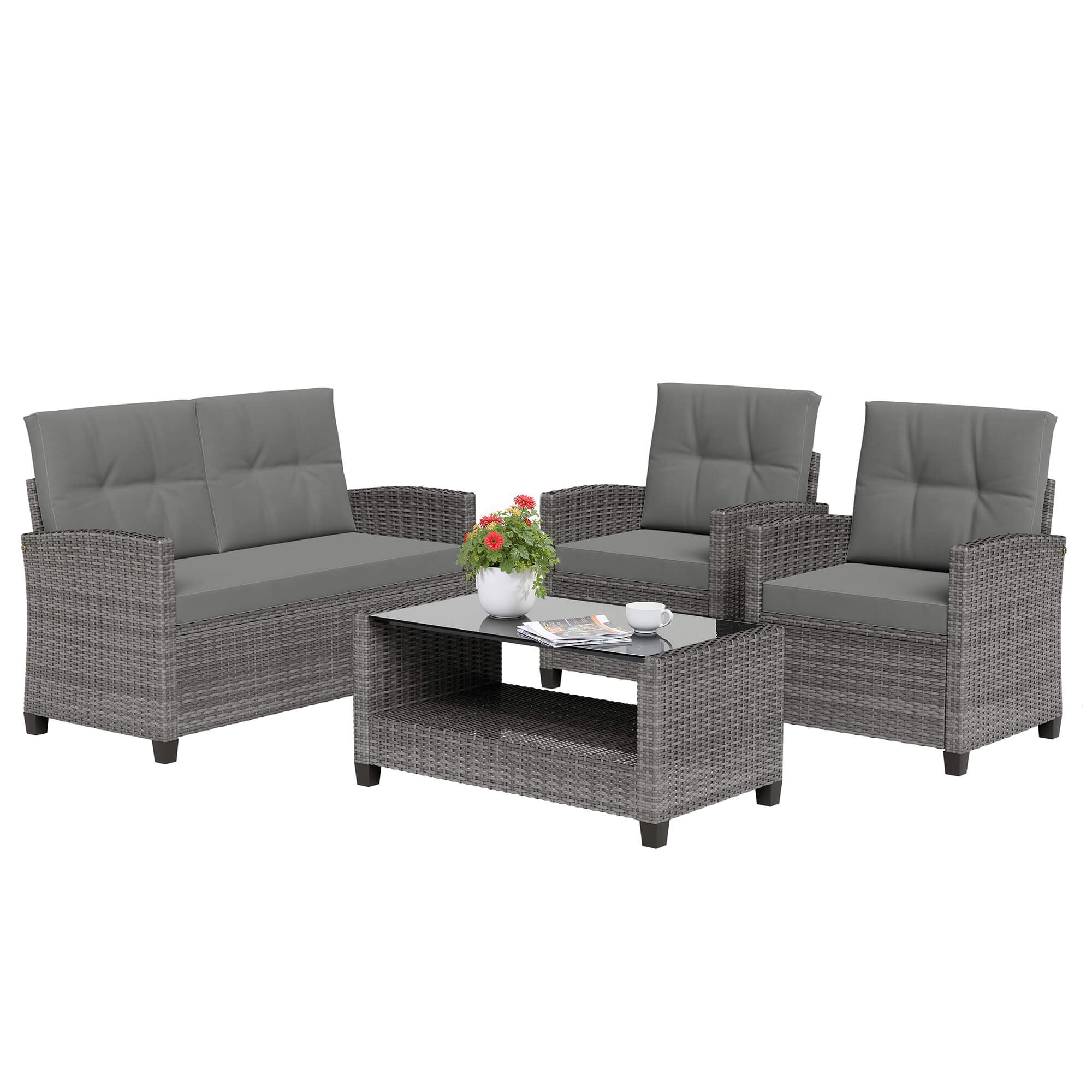 Vongrasig Patio Furniture 4 Pieces Outdoor Wicker Loveseat Set