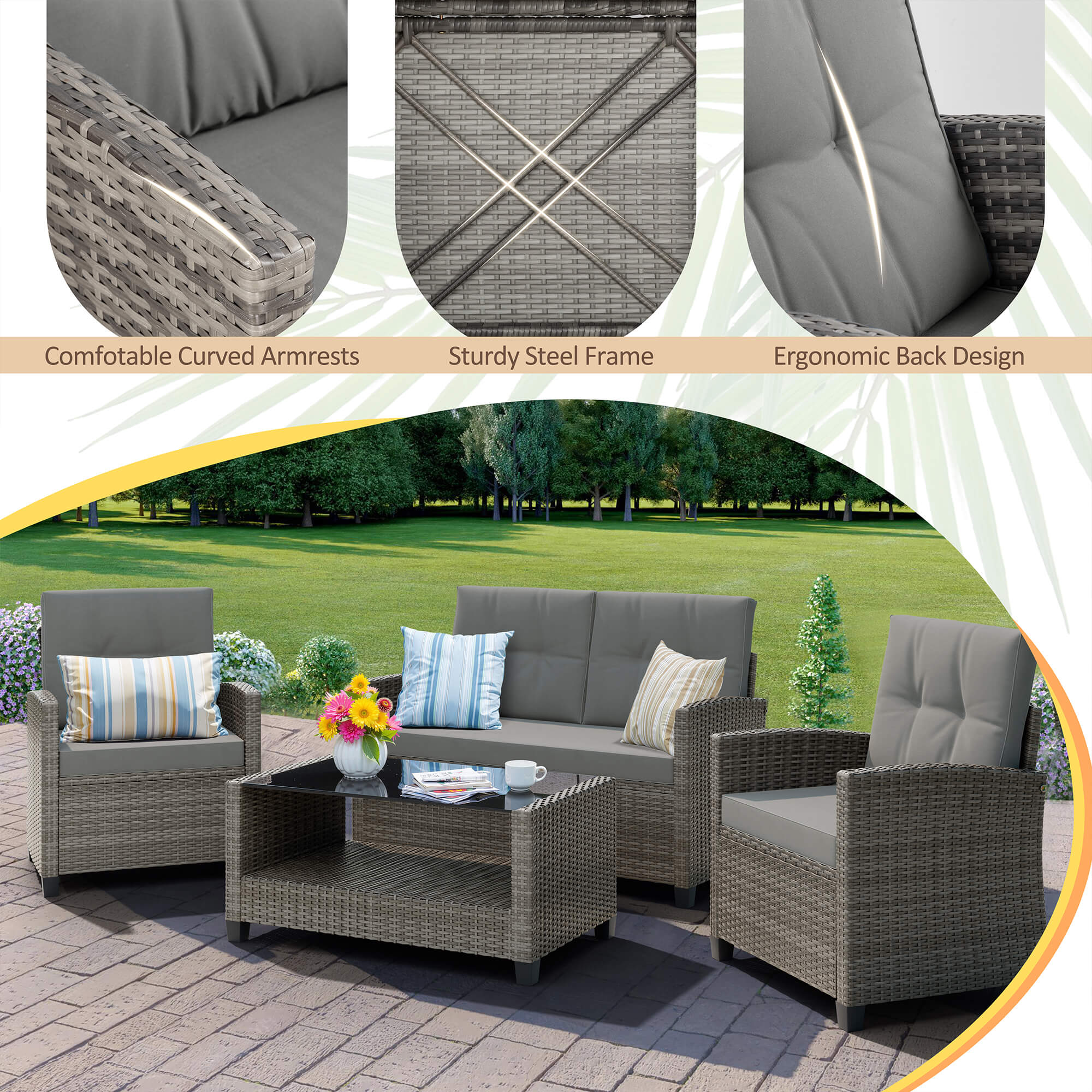 Vongrasig Patio Furniture 4 Pieces Outdoor Wicker Loveseat Set