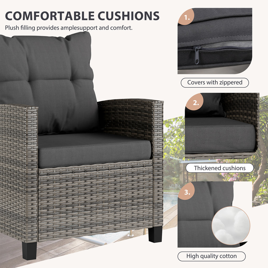 Vongrasig 3 Piece Patio Furniture Set Small Outdoor Wicker Rattan Front Porch Bistro Set Cushioned Patio Chairs Conversation Set with Glass Table for Lawn, Garden, Backyard, Balcony, Poolside
