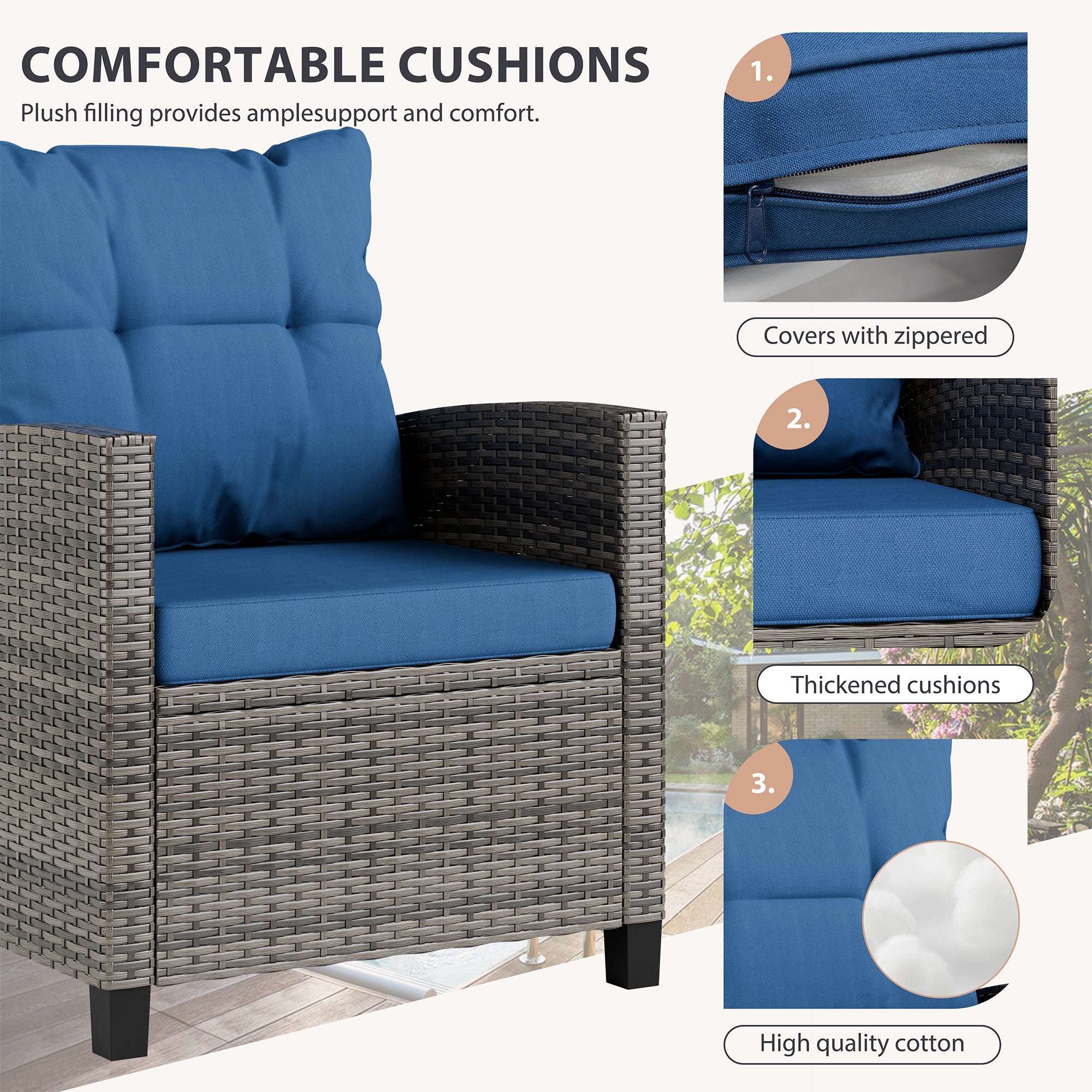 Vongrasig 3 Piece Patio Furniture Set Small Outdoor Wicker Rattan Front Porch Bistro Set Cushioned Patio Chairs Conversation Set with Glass Table for Lawn, Garden, Backyard, Balcony, Poolside