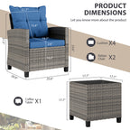 Vongrasig 3 Piece Patio Furniture Set Small Outdoor Wicker Rattan Front Porch Bistro Set Cushioned Patio Chairs Conversation Set with Glass Table for Lawn, Garden, Backyard, Balcony, Poolside