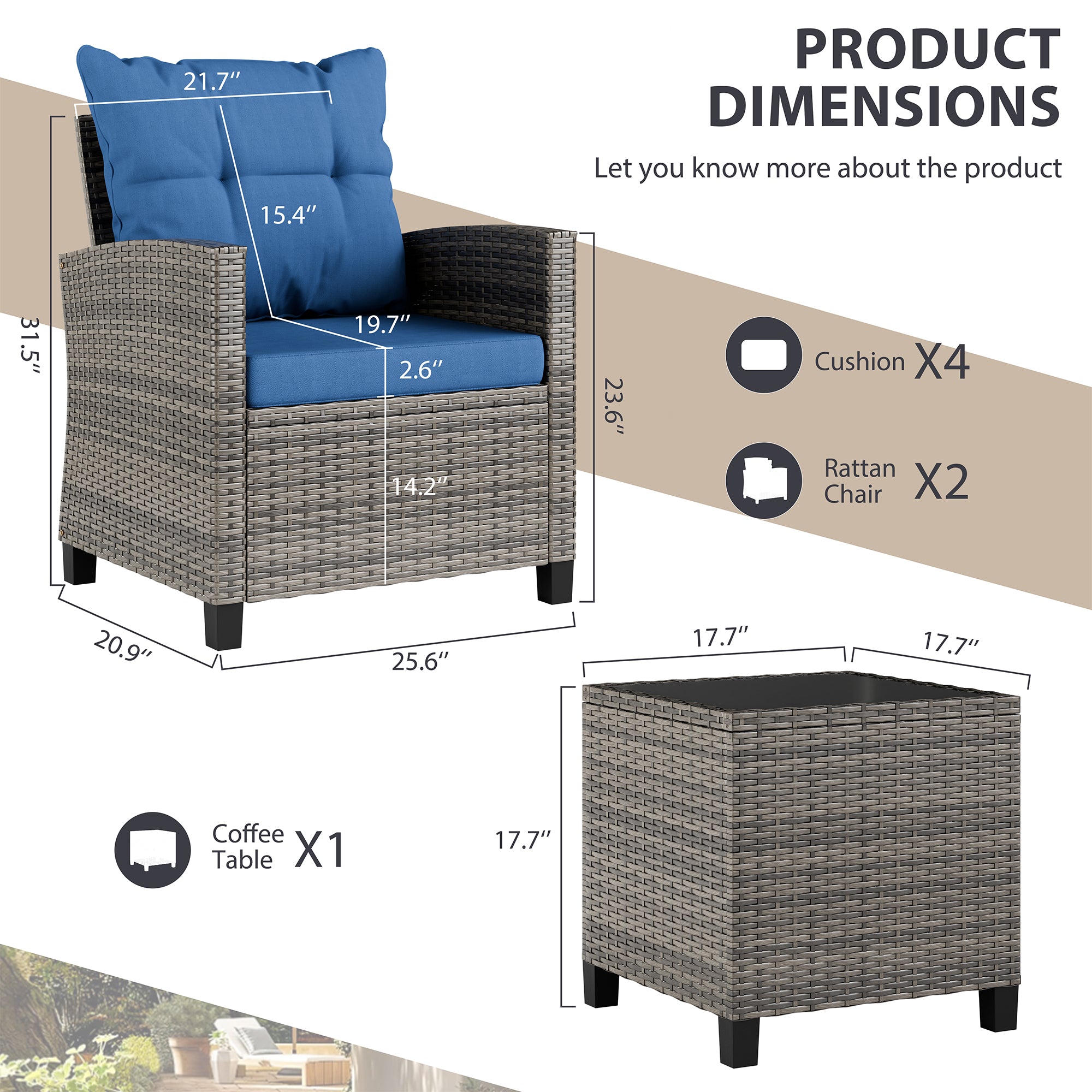 Vongrasig 3 Piece Patio Furniture Set Small Outdoor Wicker Rattan Front Porch Bistro Set Cushioned Patio Chairs Conversation Set with Glass Table for Lawn, Garden, Backyard, Balcony, Poolside