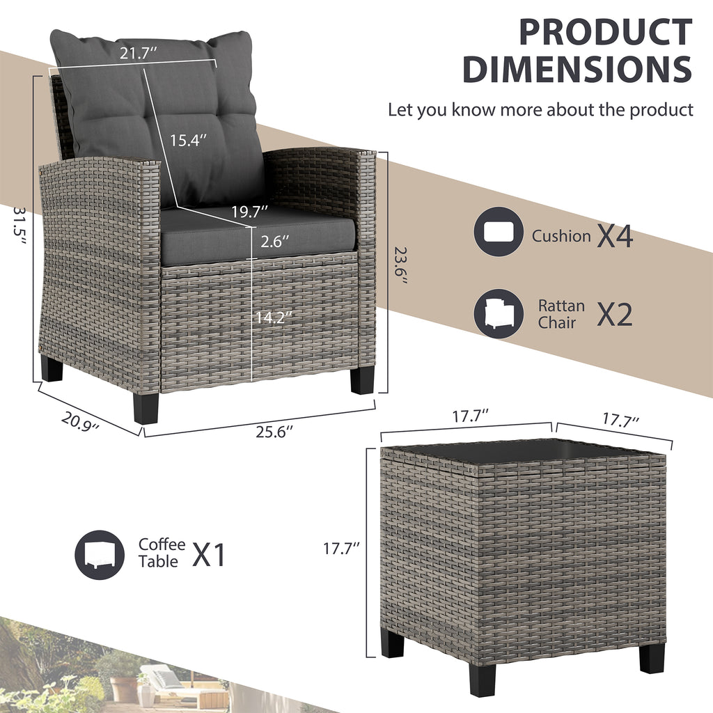 Vongrasig 3 Piece Patio Furniture Set Small Outdoor Wicker Rattan Front Porch Bistro Set Cushioned Patio Chairs Conversation Set with Glass Table for Lawn, Garden, Backyard, Balcony, Poolside