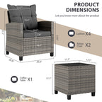 Vongrasig 3 Piece Patio Furniture Set Small Outdoor Wicker Rattan Front Porch Bistro Set Cushioned Patio Chairs Conversation Set with Glass Table for Lawn, Garden, Backyard, Balcony, Poolside