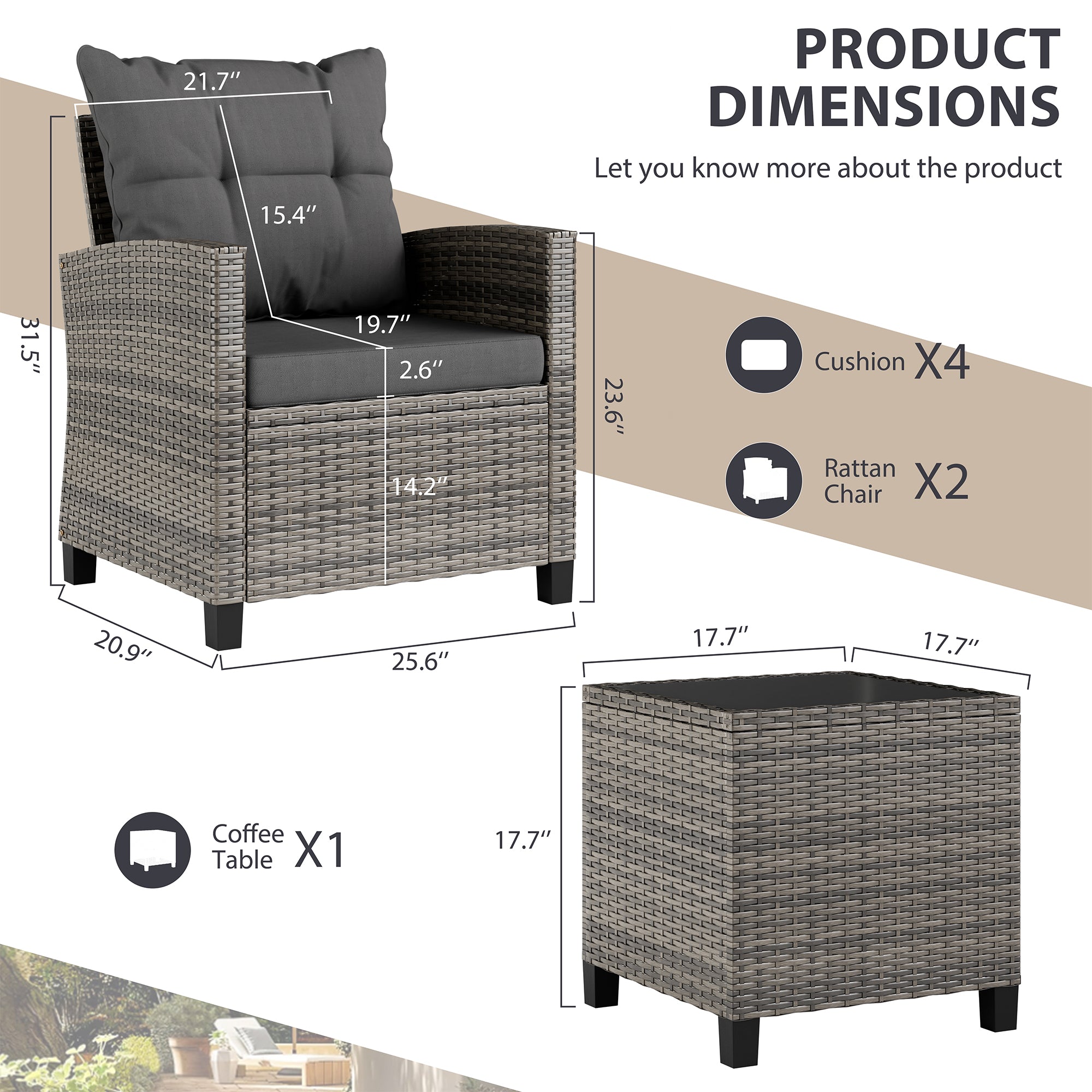 Vongrasig 3 Piece Patio Furniture Set Small Outdoor Wicker Rattan Front Porch Bistro Set Cushioned Patio Chairs Conversation Set with Glass Table for Lawn, Garden, Backyard, Balcony, Poolside