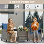 Vongrasig 3 Piece Patio Furniture Set Small Outdoor Wicker Rattan Front Porch Bistro Set Cushioned Patio Chairs Conversation Set with Glass Table for Lawn, Garden, Backyard, Balcony, Poolside