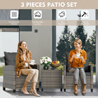 Vongrasig 3 Piece Patio Furniture Set Small Outdoor Wicker Rattan Front Porch Bistro Set Cushioned Patio Chairs Conversation Set with Glass Table for Lawn, Garden, Backyard, Balcony, Poolside