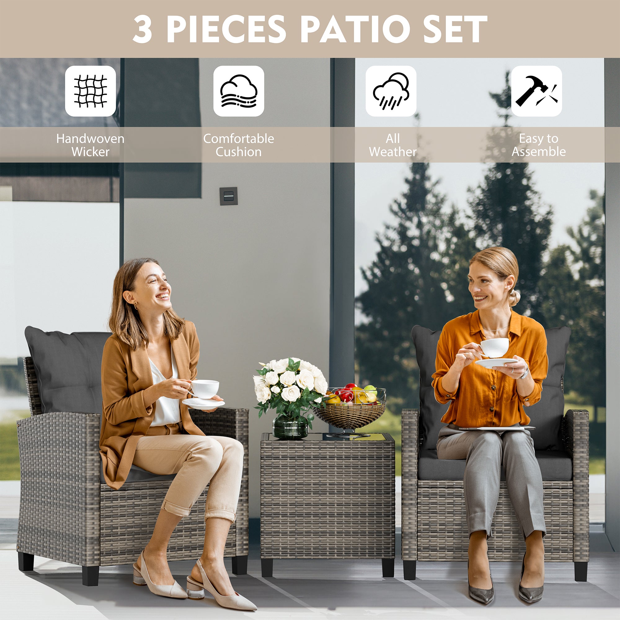 Vongrasig 3 Piece Patio Furniture Set Small Outdoor Wicker Rattan Front Porch Bistro Set Cushioned Patio Chairs Conversation Set with Glass Table for Lawn, Garden, Backyard, Balcony, Poolside