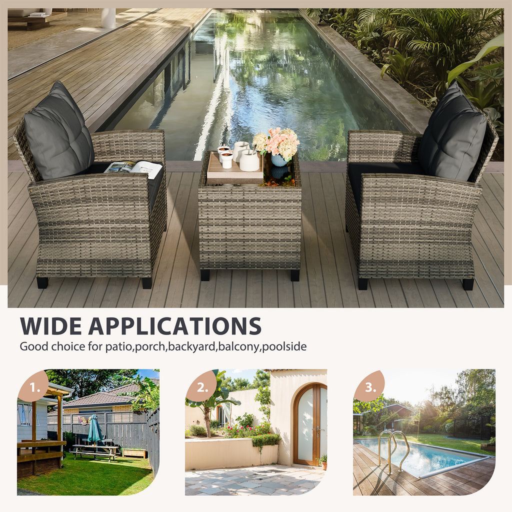 Vongrasig 3 Piece Patio Furniture Set Small Outdoor Wicker Rattan Front Porch Bistro Set Cushioned Patio Chairs Conversation Set with Glass Table for Lawn, Garden, Backyard, Balcony, Poolside