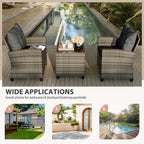Vongrasig 3 Piece Patio Furniture Set Small Outdoor Wicker Rattan Front Porch Bistro Set Cushioned Patio Chairs Conversation Set with Glass Table for Lawn, Garden, Backyard, Balcony, Poolside
