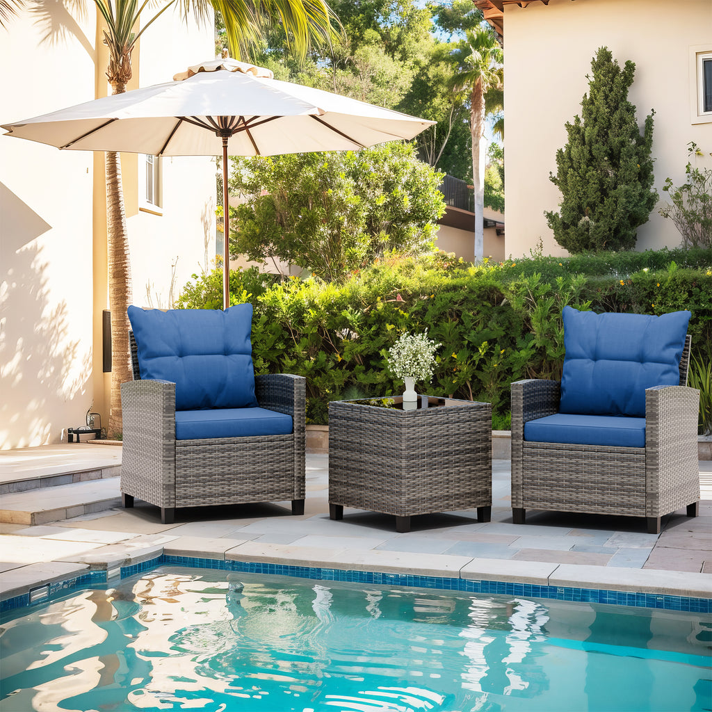 Vongrasig 3 Piece Patio Furniture Set Small Outdoor Wicker Rattan Front Porch Bistro Set Cushioned Patio Chairs Conversation Set with Glass Table for Lawn, Garden, Backyard, Balcony, Poolside