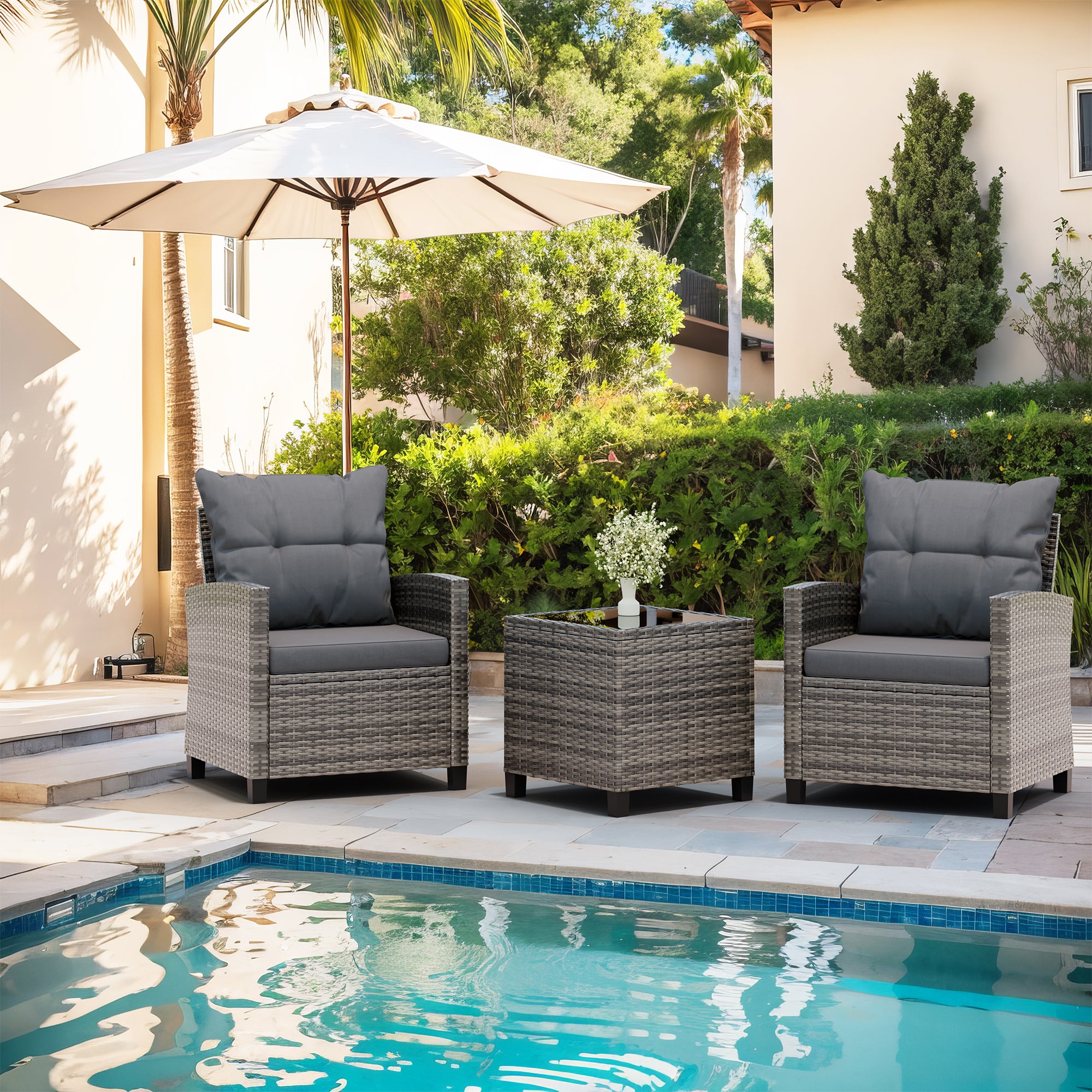Vongrasig 3 Piece Patio Furniture Set Small Outdoor Wicker Rattan Front Porch Bistro Set Cushioned Patio Chairs Conversation Set with Glass Table for Lawn, Garden, Backyard, Balcony, Poolside
