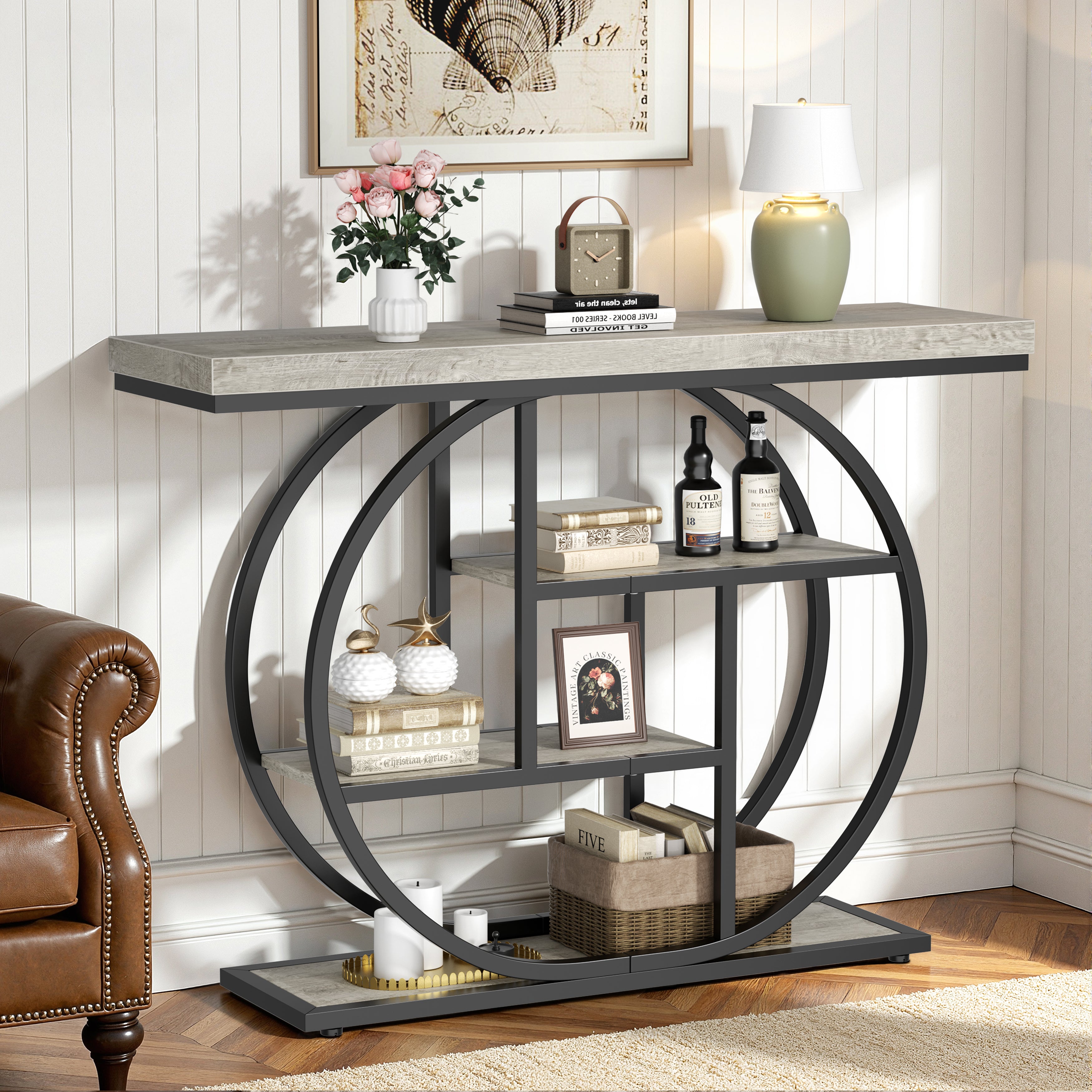 Vongrasig Console Table with Circle Base, Industrial Narrow Entryway Table with Storage, 4-Tier Wood Sofa Table for Living Room, Hallway