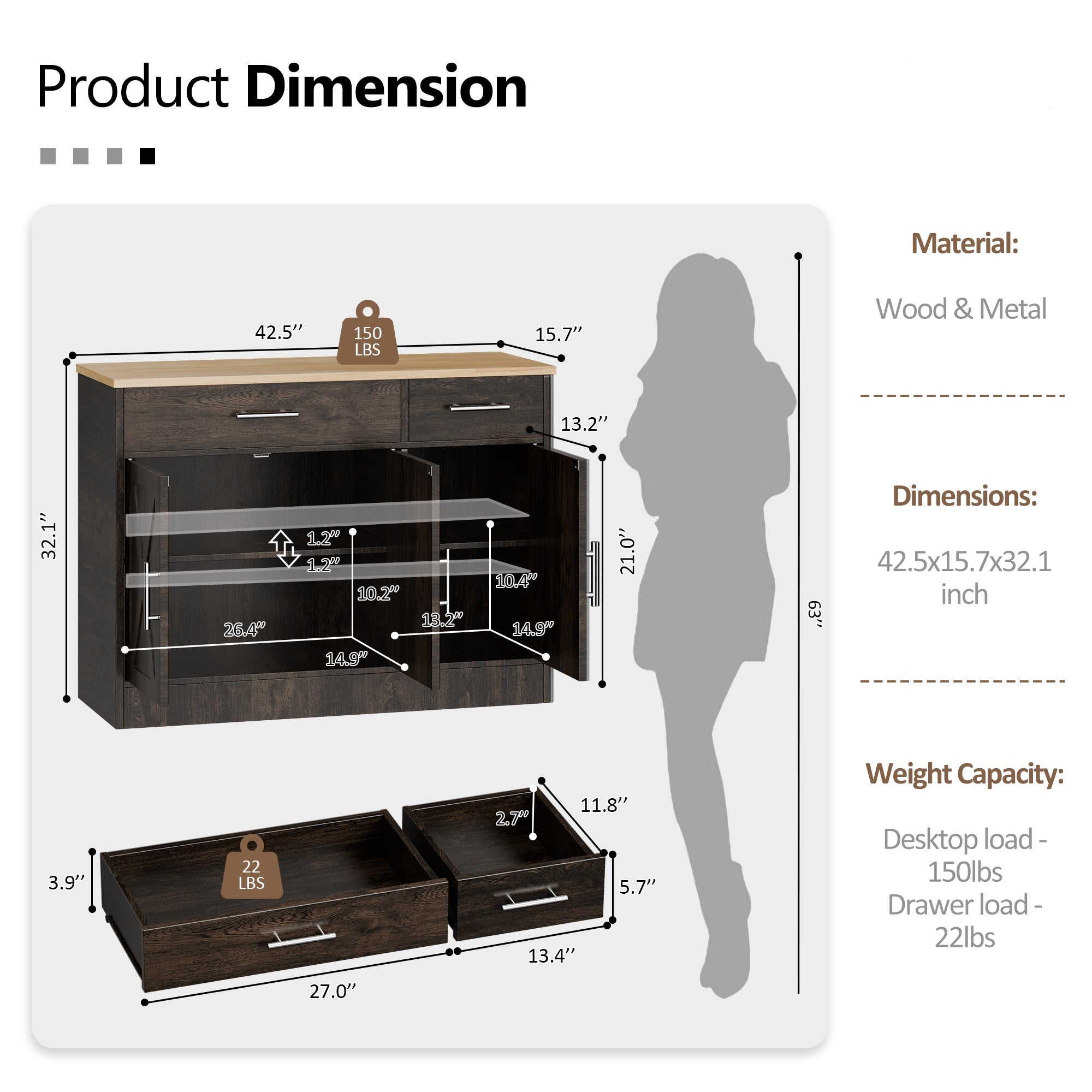 Walsunny Kitchen Buffet Sideboard Cabinet with Adjustable Shelf,Wooden Storage Cabinet with 3 Doors and 2 Drawers,Modern Farmhouse Coffee Bar Cabinet with Storage for Kitchen/Living Room (7612679061680)
