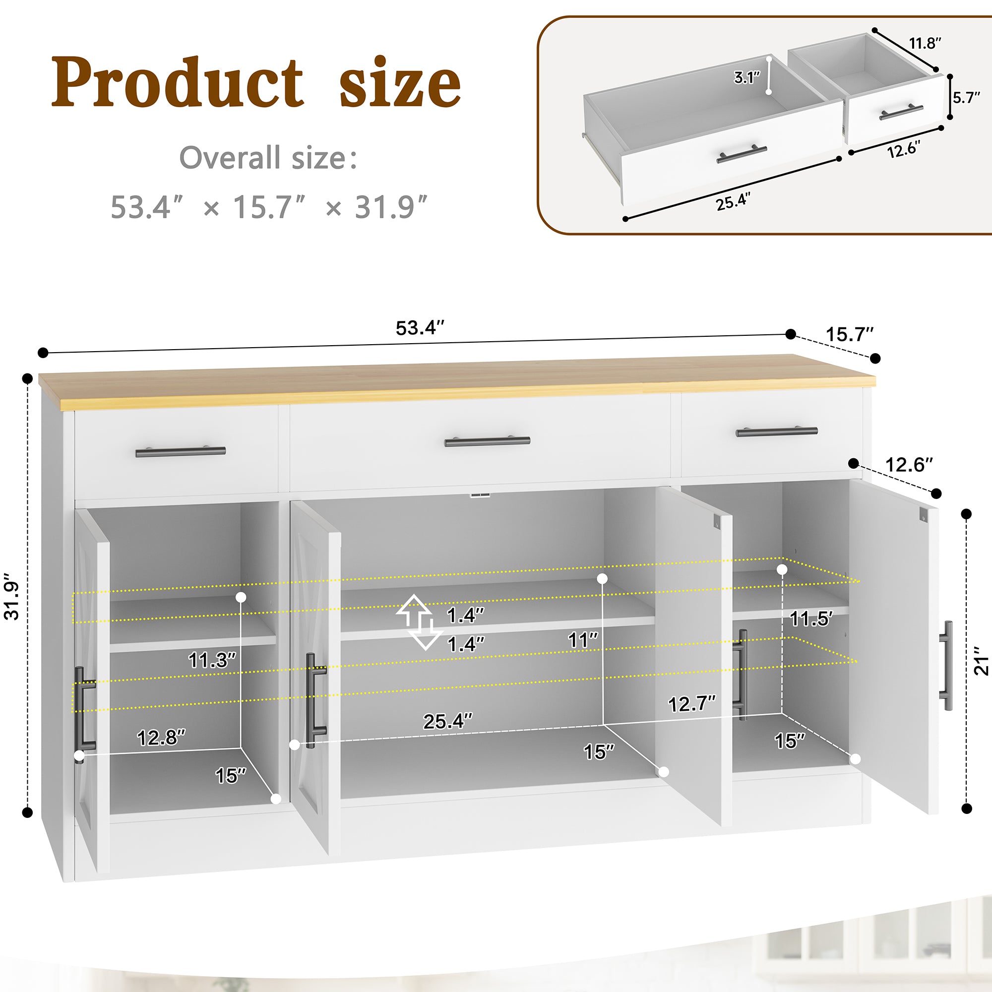 Vongrasig Buffet Cabinet with Storage, Farmhouse Coffee Bar Cabinet with Drawers, 53” Large Modern Sideboard Buffet with Adjustable Shelves for Kitchen, Dining Room