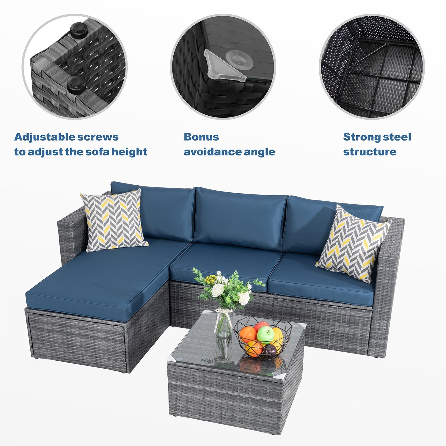 Walsunny Patio Furniture 3 Pieces Outdoor Sectional Sofa Set With Silver Wicker & Chaise