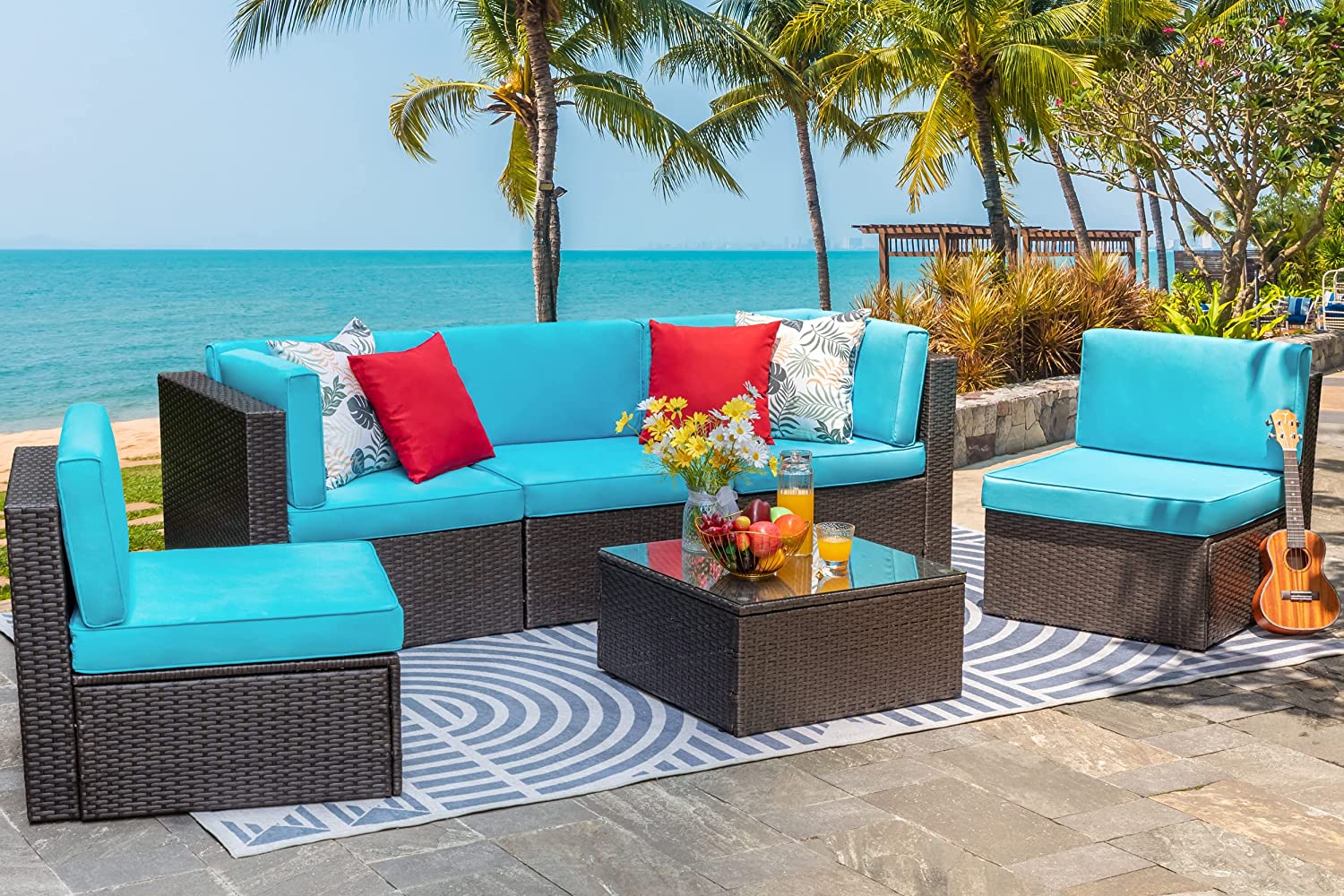 Walsunny Patio Furniture 6 Pieces PE Wicker Outdoor Sectional Sofa Set