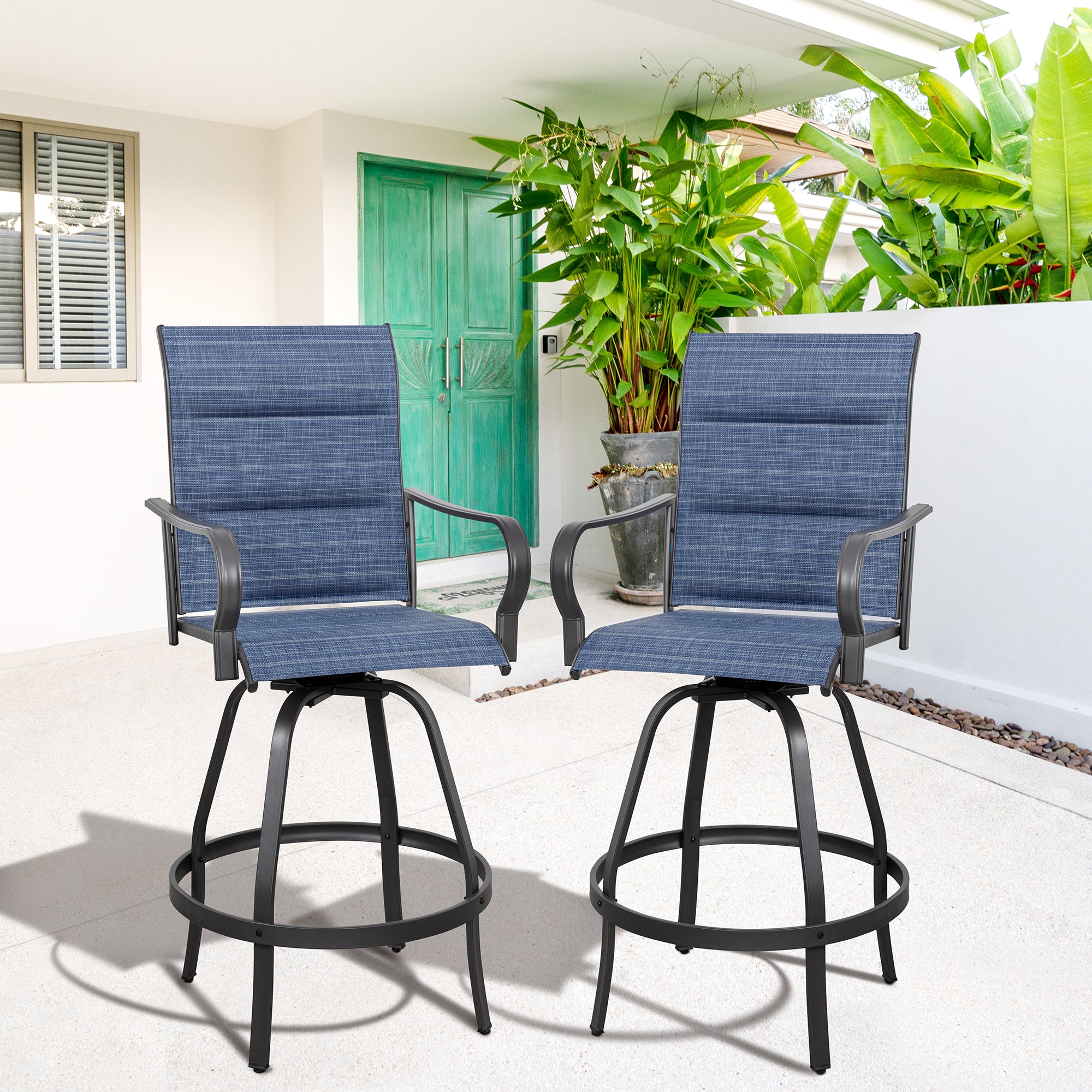 Vongrasig 2 Piece Patio Swivel Bar Chairs, All Weather Metal Textile High Swivel Bar Stools Chairs, Outdoor High Top Bistro Set for Backyard, Lawn Garden, Balcony