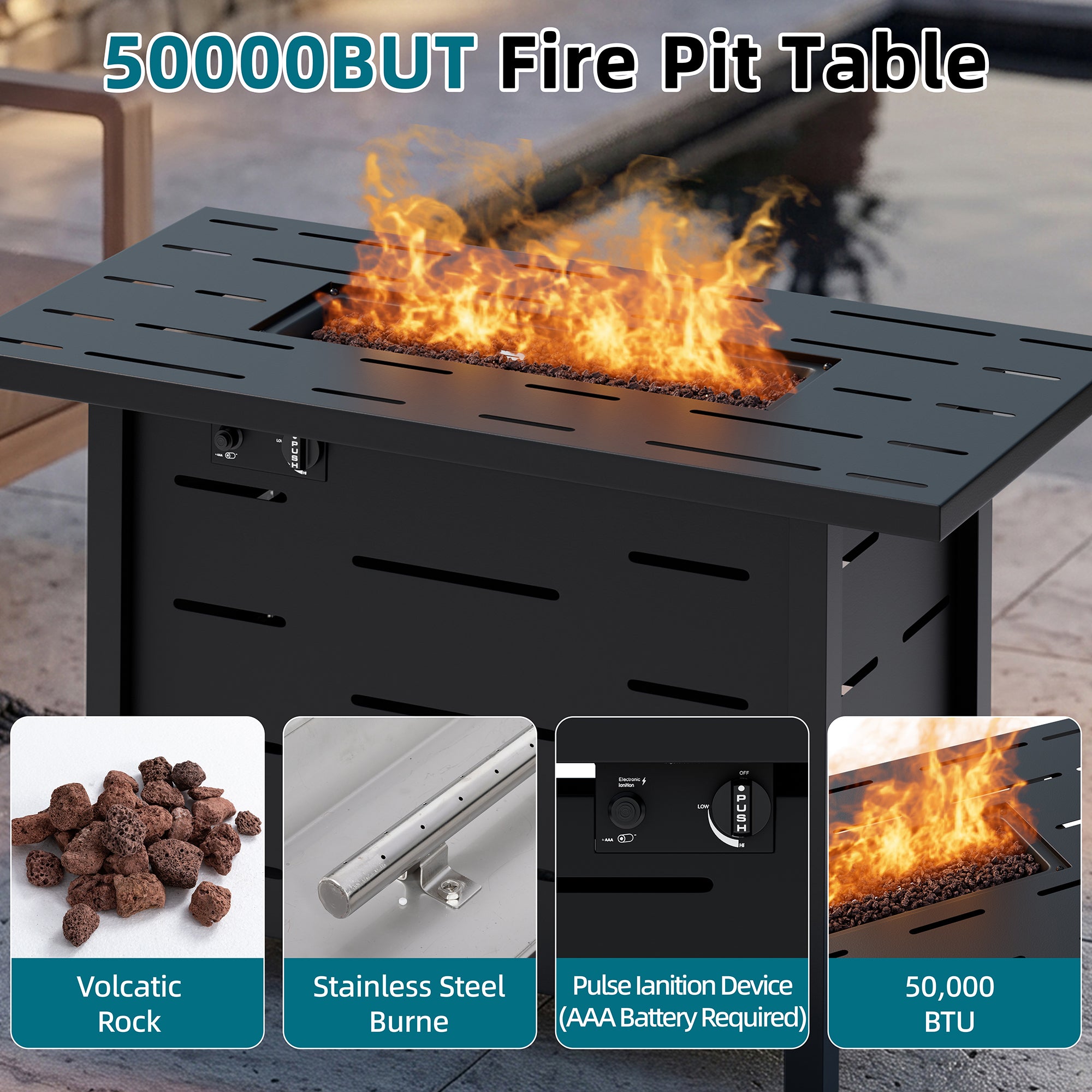 4-Piece Patio Furniture Set with 43" Propane Fire Pit Table, Outdoor Wicker Sectional Sofa Set, All-Weather Conversation Set for Backyard, Poolside, Garden, Grey Cushions
