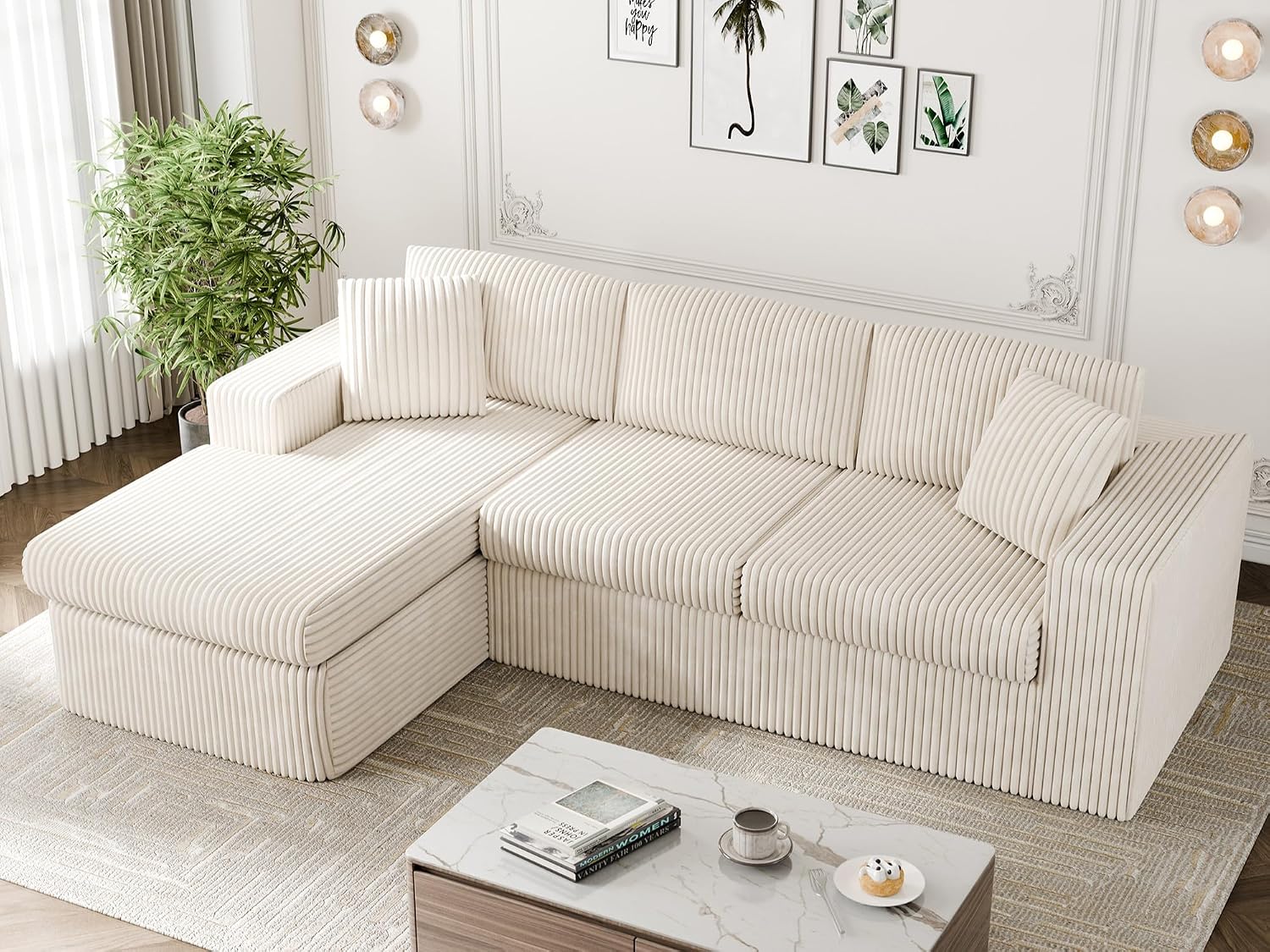 Vongrasig 105" Boneless Couches for Living Room, Sectional Couches Modular Sofa with L-Shaped Chaise, Memory Foam Comfy Cloud Couch with Plush Corduroy Fabric, No Assembly Required